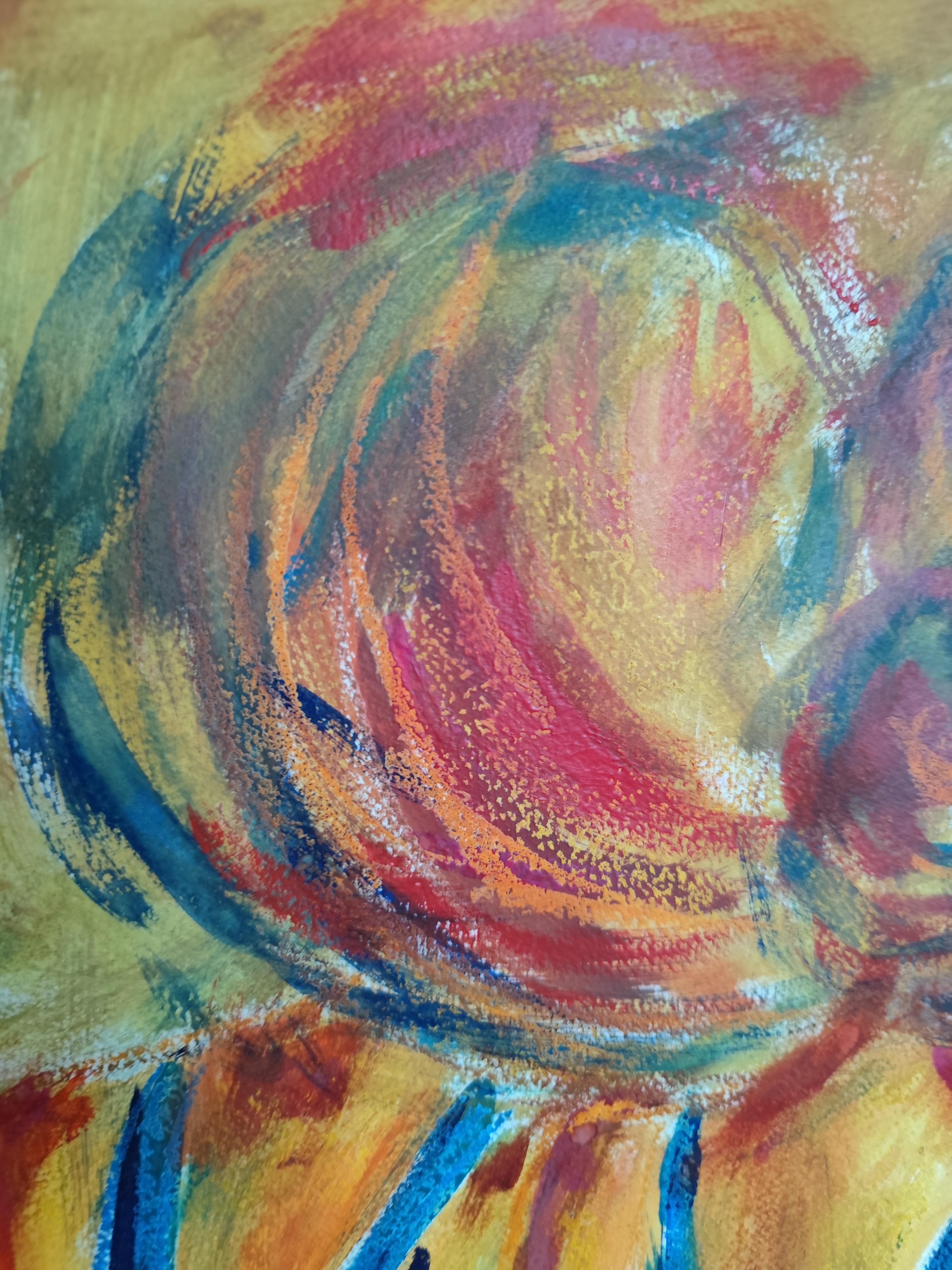 Contemporary colorful figurative art oil pastels painting of women on paper For Sale 14