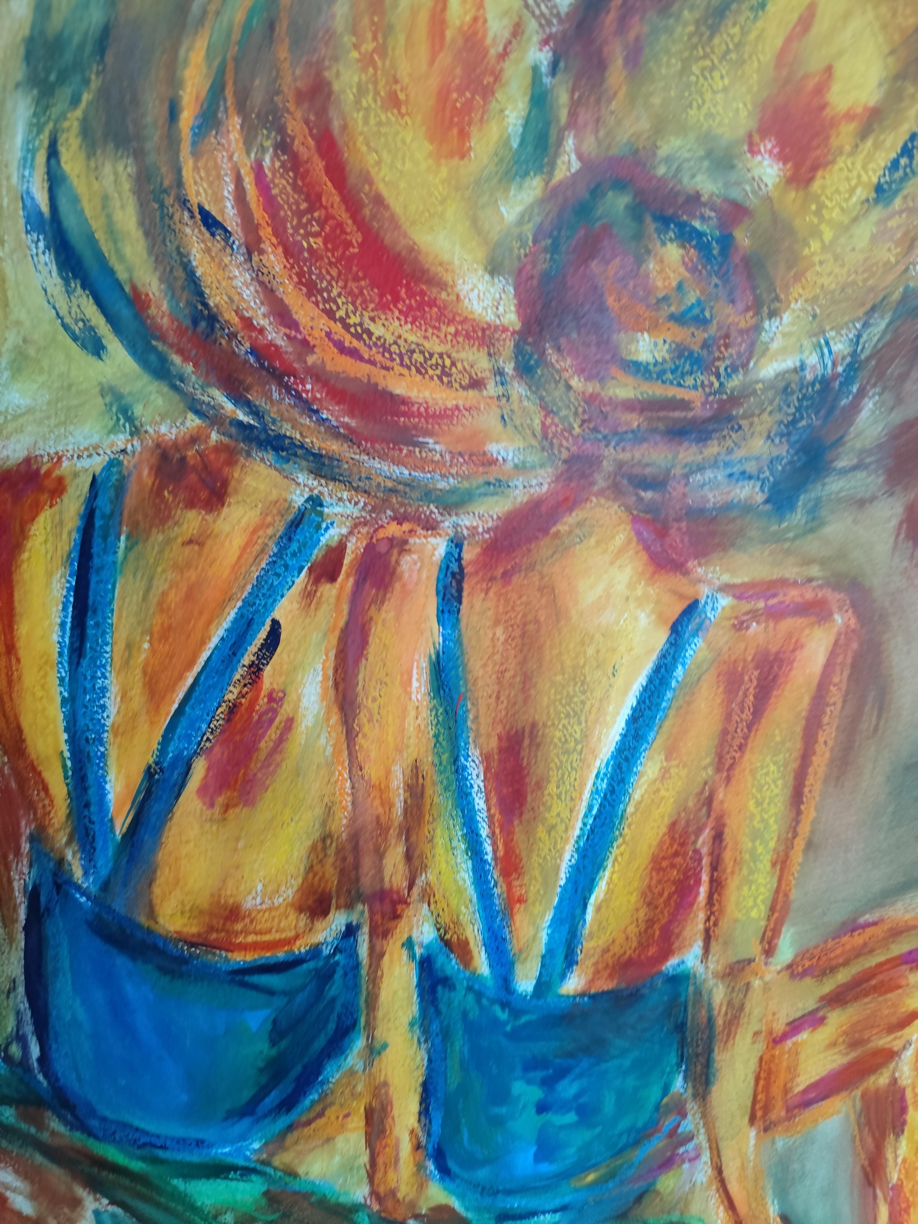 Contemporary colorful figurative art oil pastels painting of women on paper For Sale 15