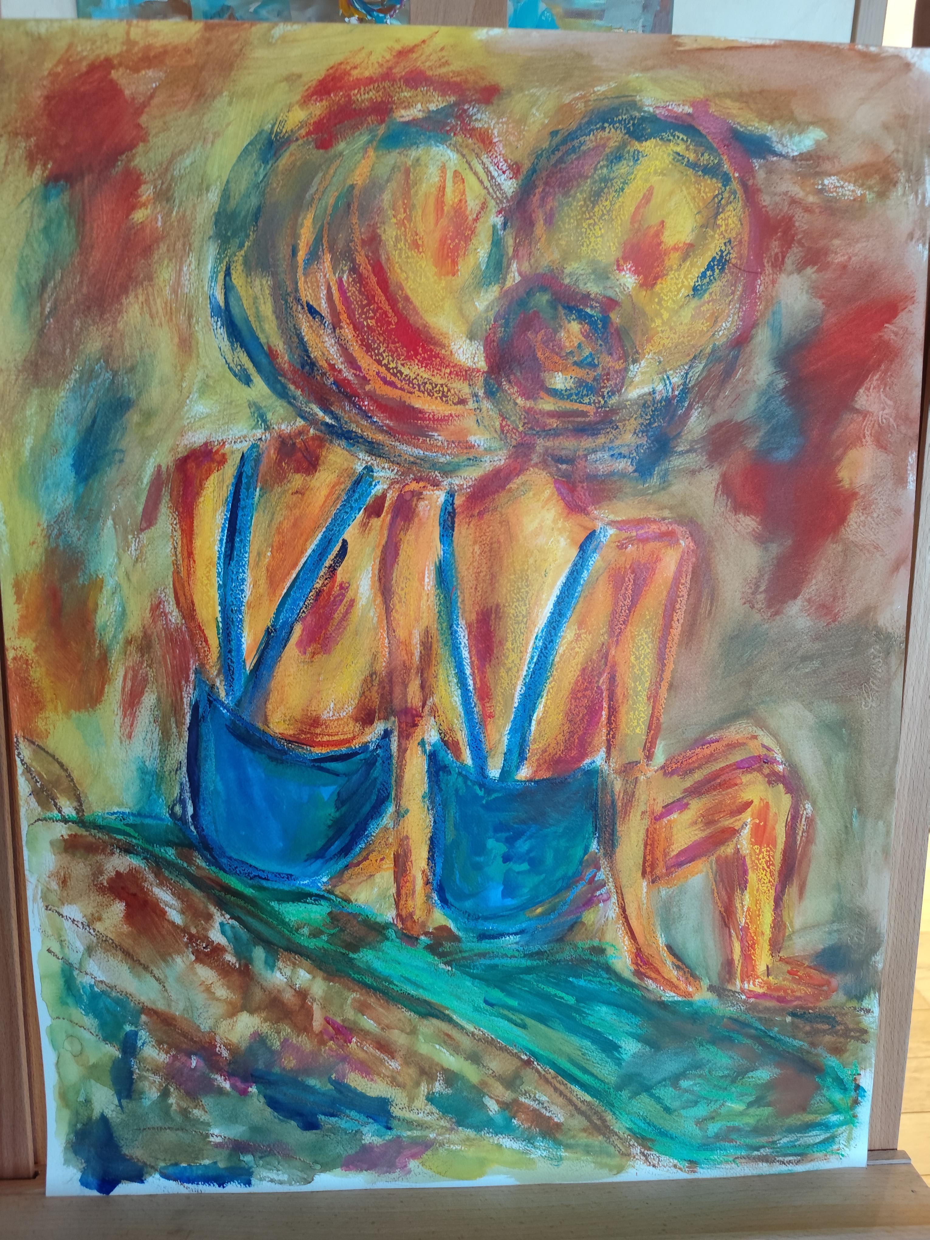 Contemporary colorful figurative art oil pastels painting of women on paper For Sale 16