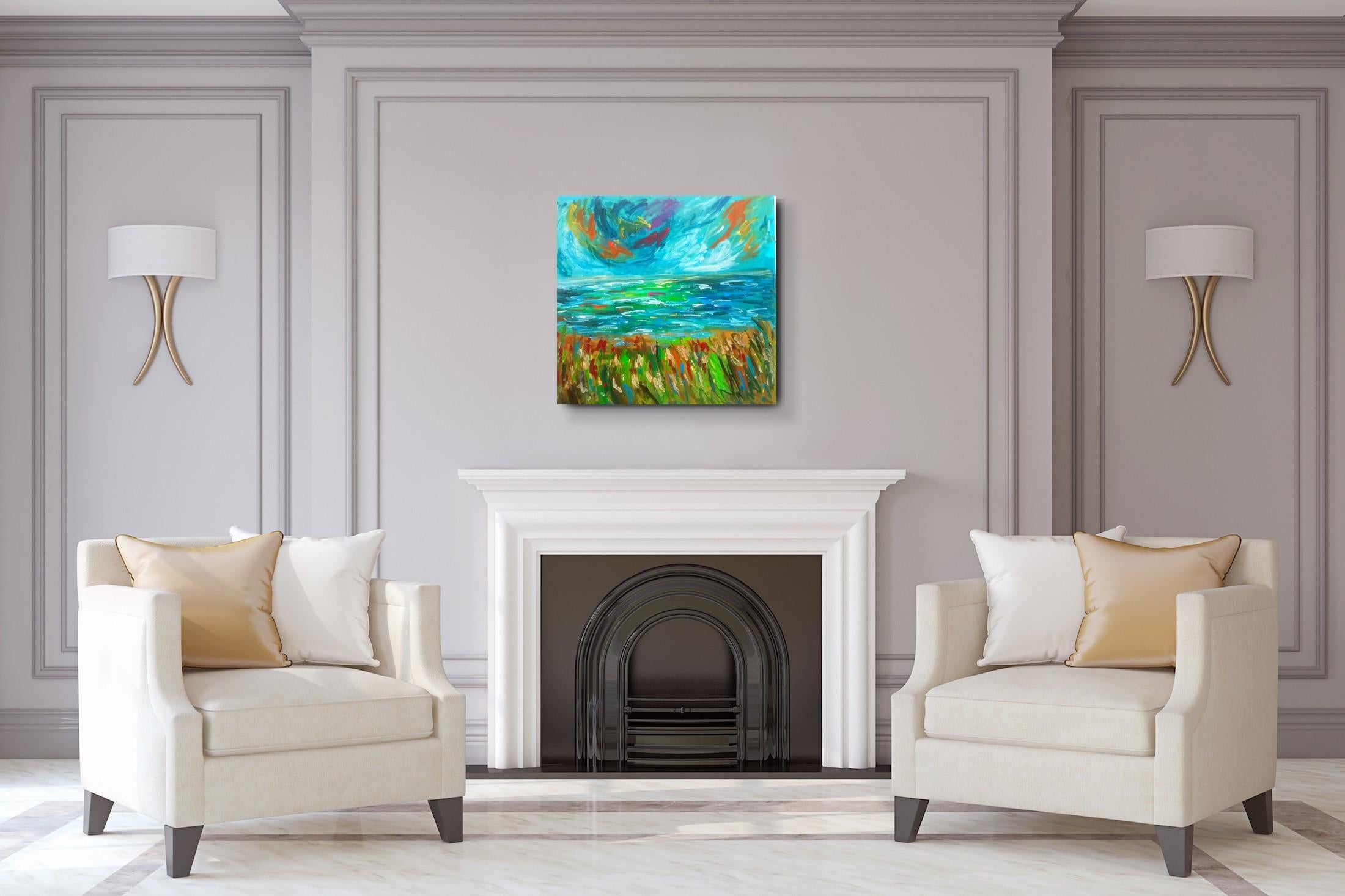 Paesaggio astratto impressionista contemporaneo Nature dipinto ad acrilico su tela - Landscape Painting Blu di Natalya Mougenot 