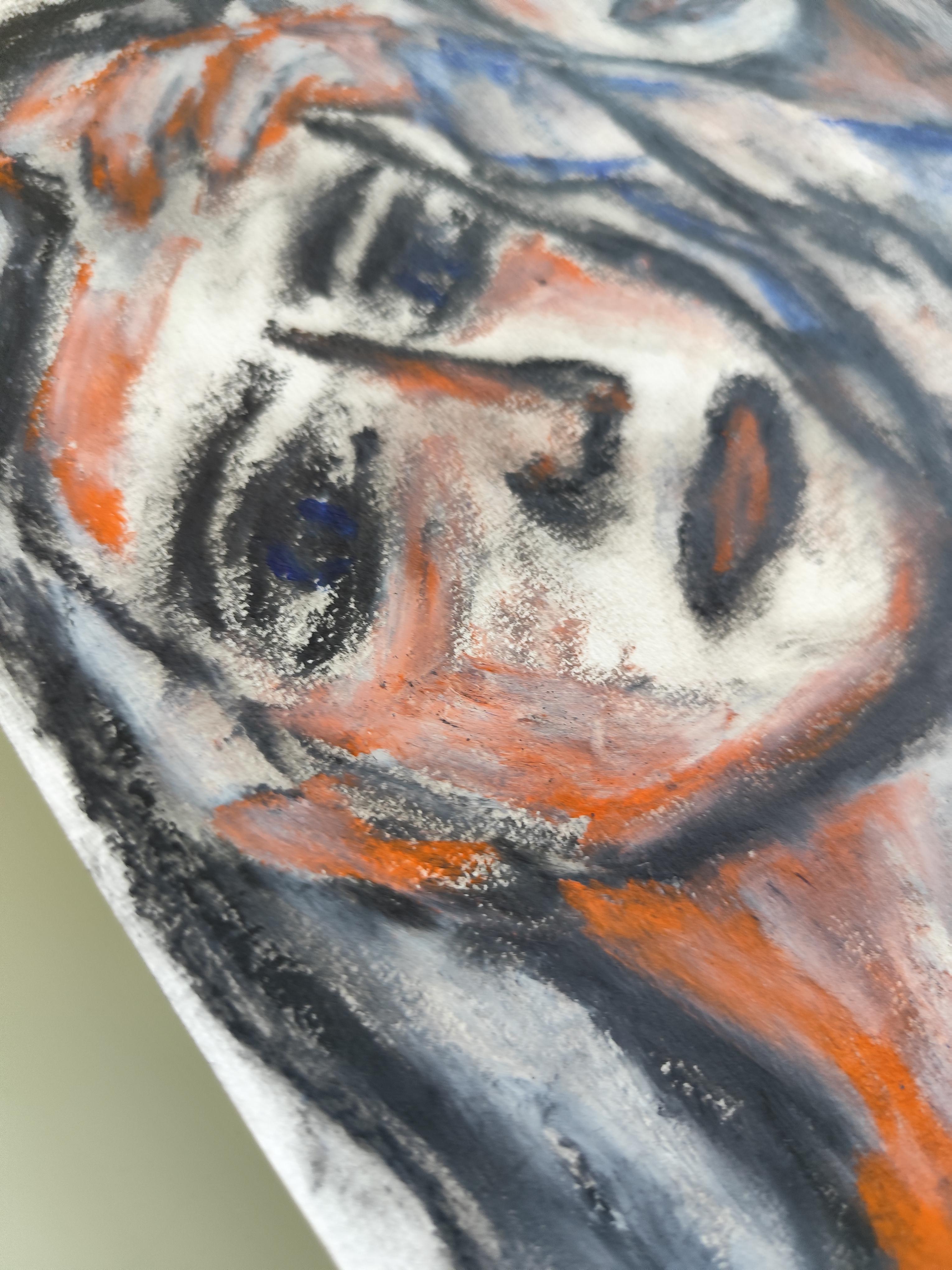 Contemporary figurative art portrait of two women oil pastels on paper 