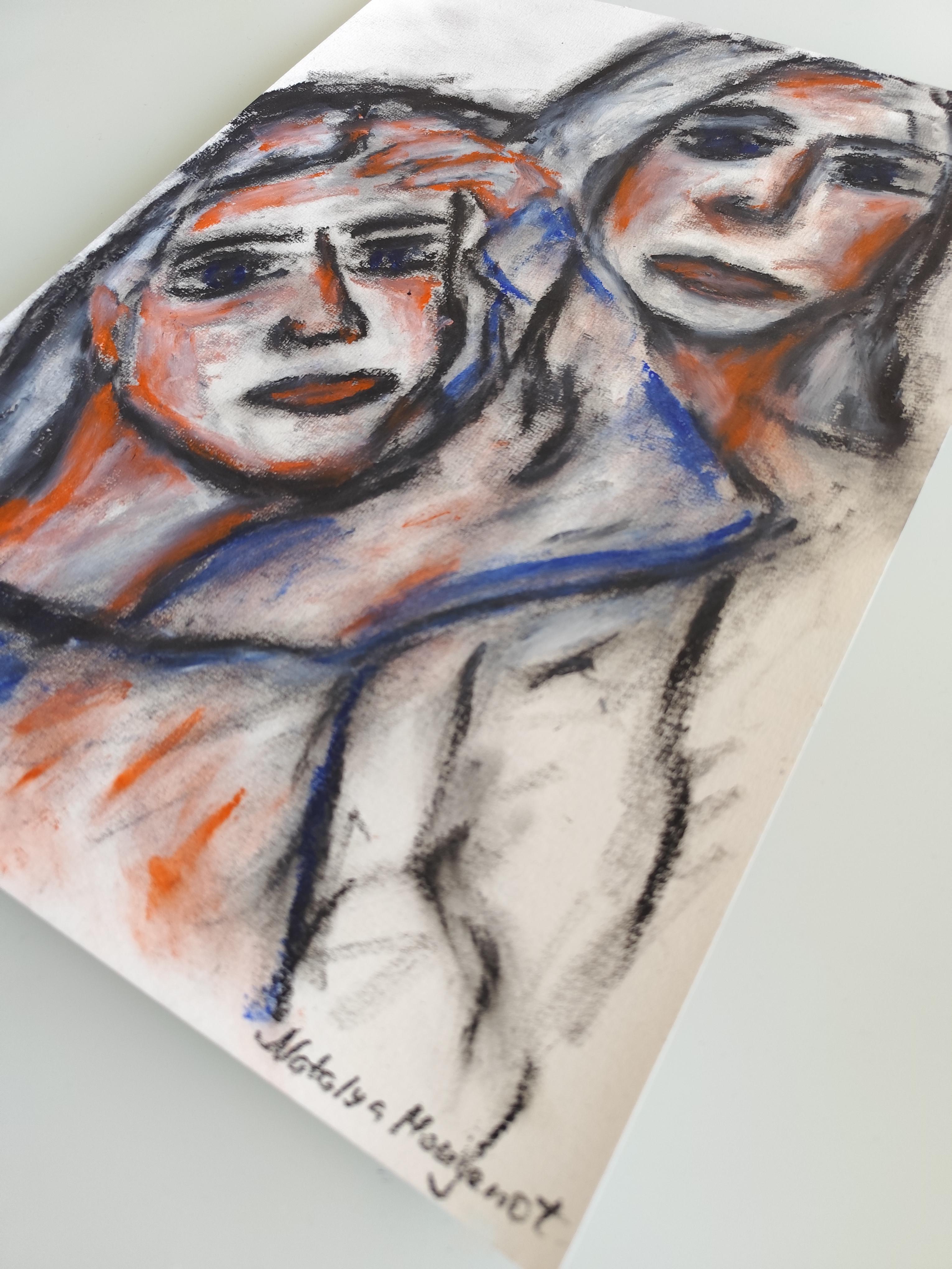 Contemporary figurative art portrait of two women oil pastels on paper 