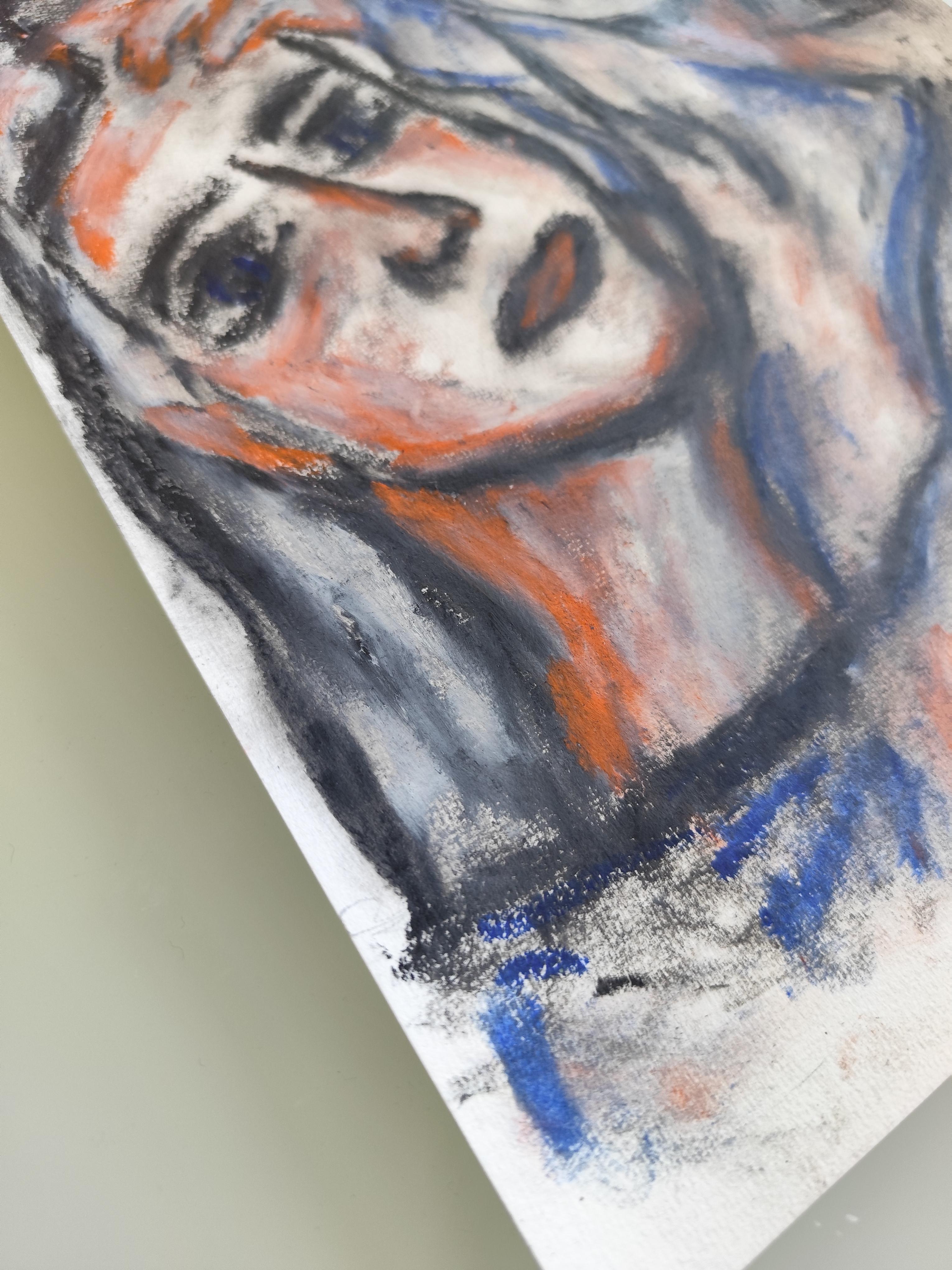 Contemporary figurative art portrait of two women oil pastels on paper 