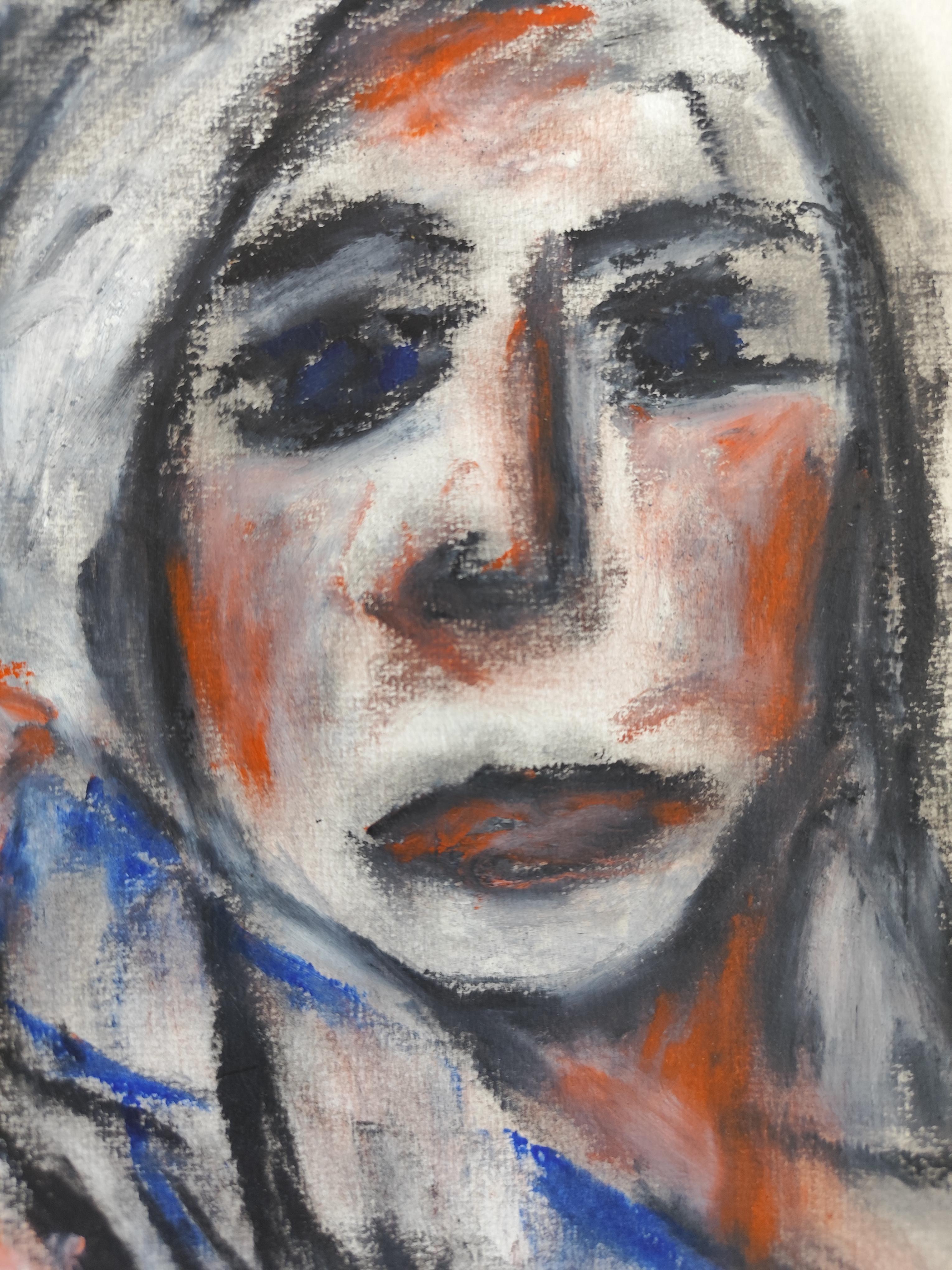Contemporary figurative art portrait of two women oil pastels on paper 