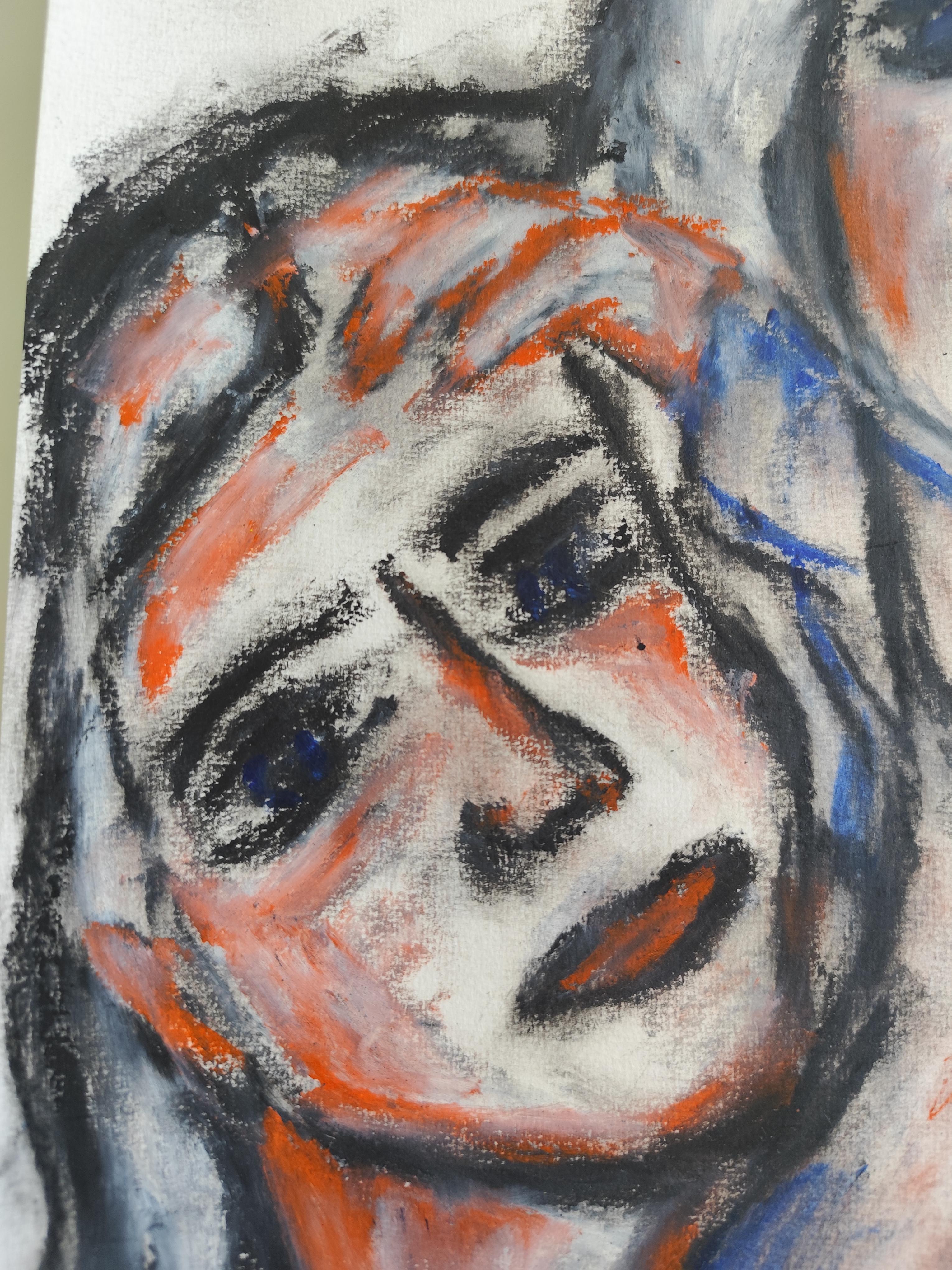 Contemporary figurative art portrait of two women oil pastels on paper 