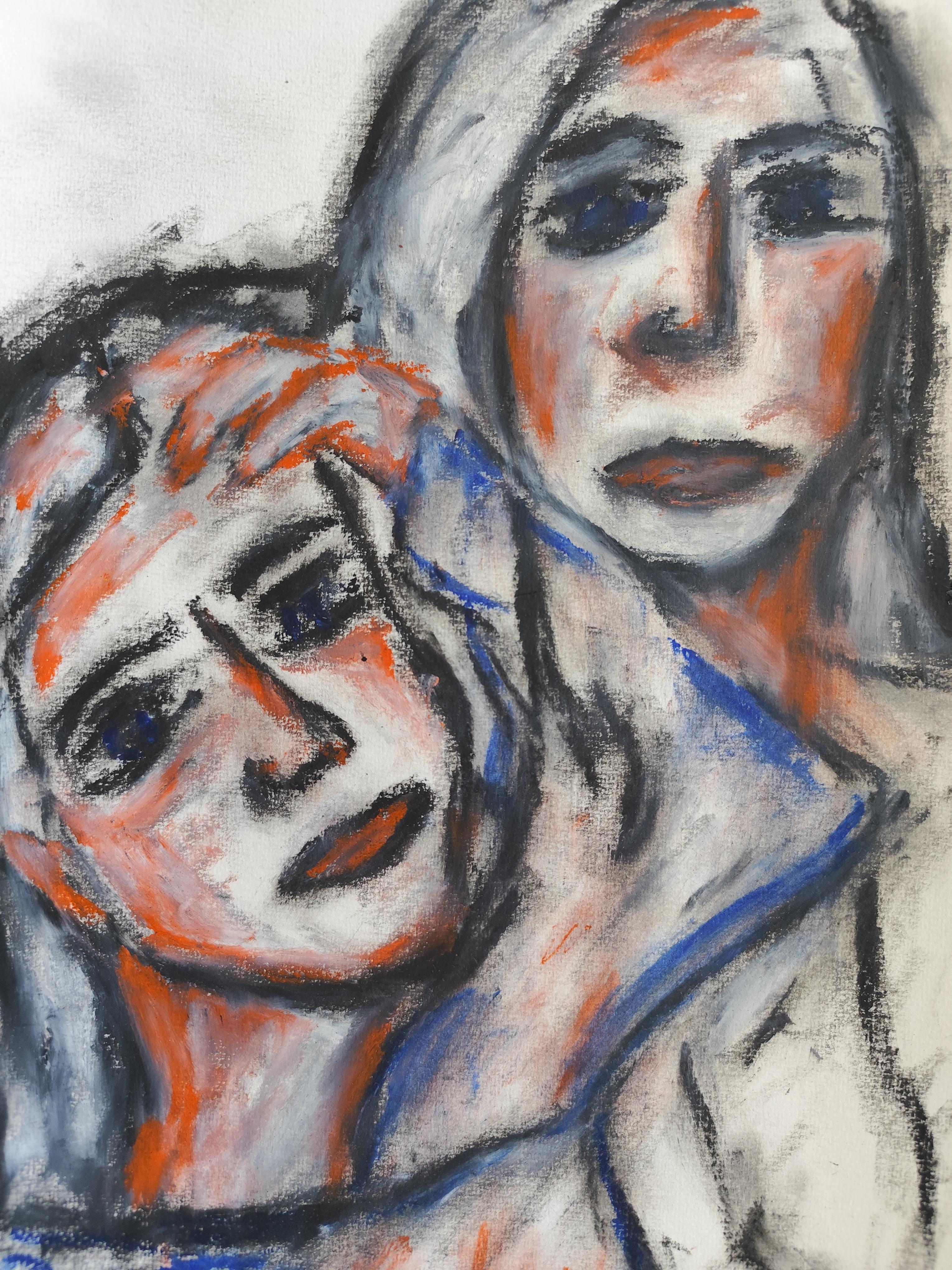 Contemporary figurative art portrait of two women oil pastels on paper 