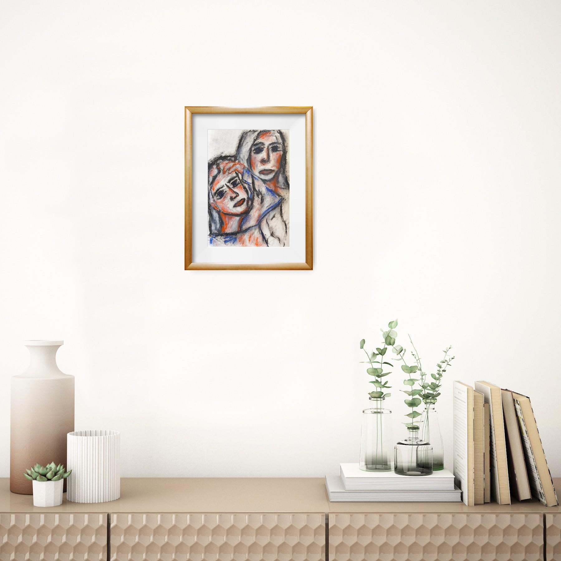 Contemporary figurative art portrait of two women oil pastels on paper 