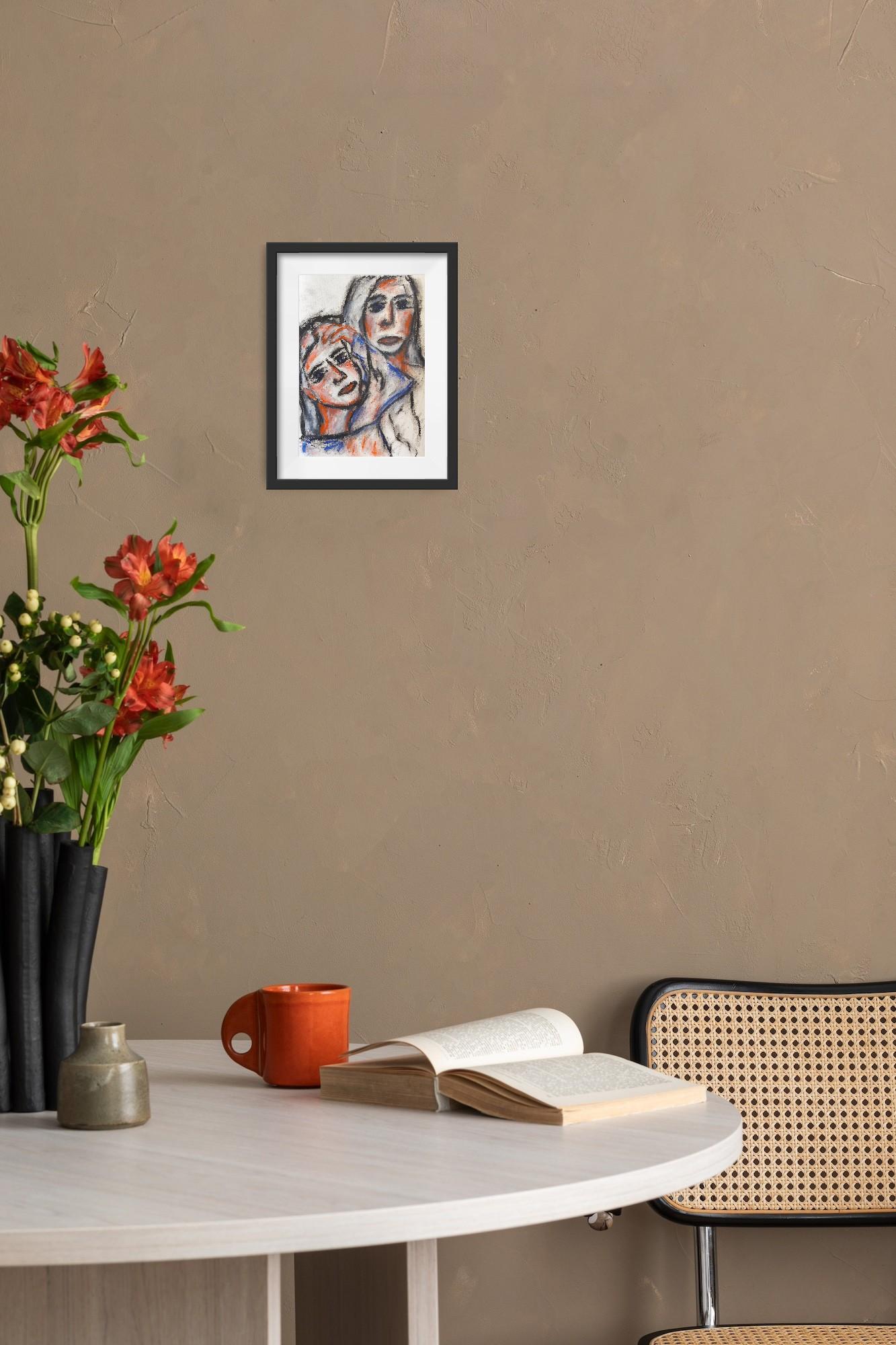 This contemporary figurative piece with abstract touches, depicting two women, was created by French artist Natalya Mougenot. Through her dynamic approach, Mougenot explores the intricate and emotional bond between the women, capturing both