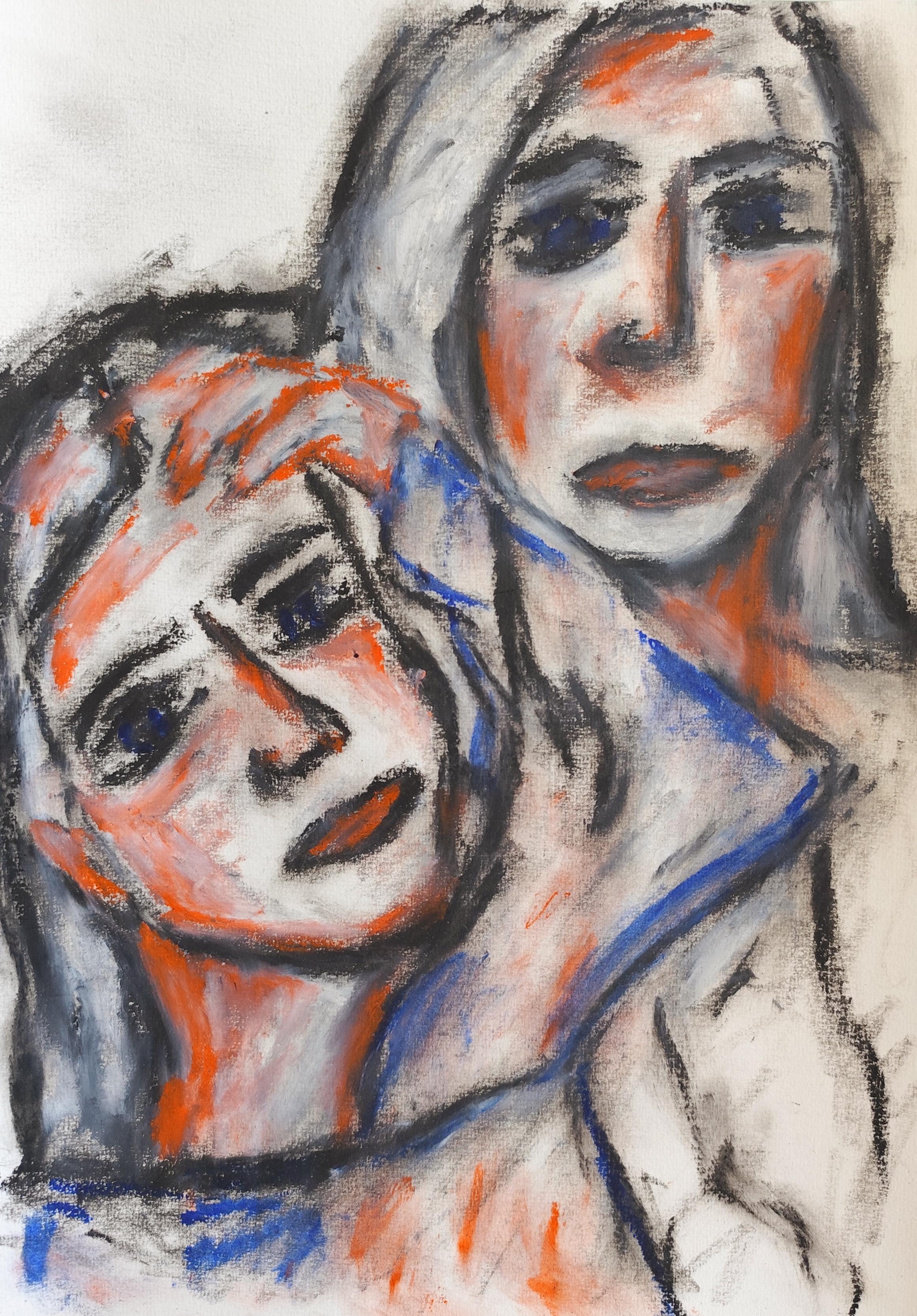Natalya Mougenot  Portrait Painting - Contemporary figurative art portrait of two women oil pastels on paper "Sisters"