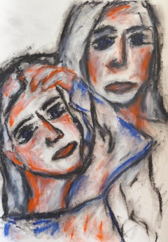 Ritratto d'arte figurativa contemporanea di due donne, pastelli a olio su carta "Sisters".