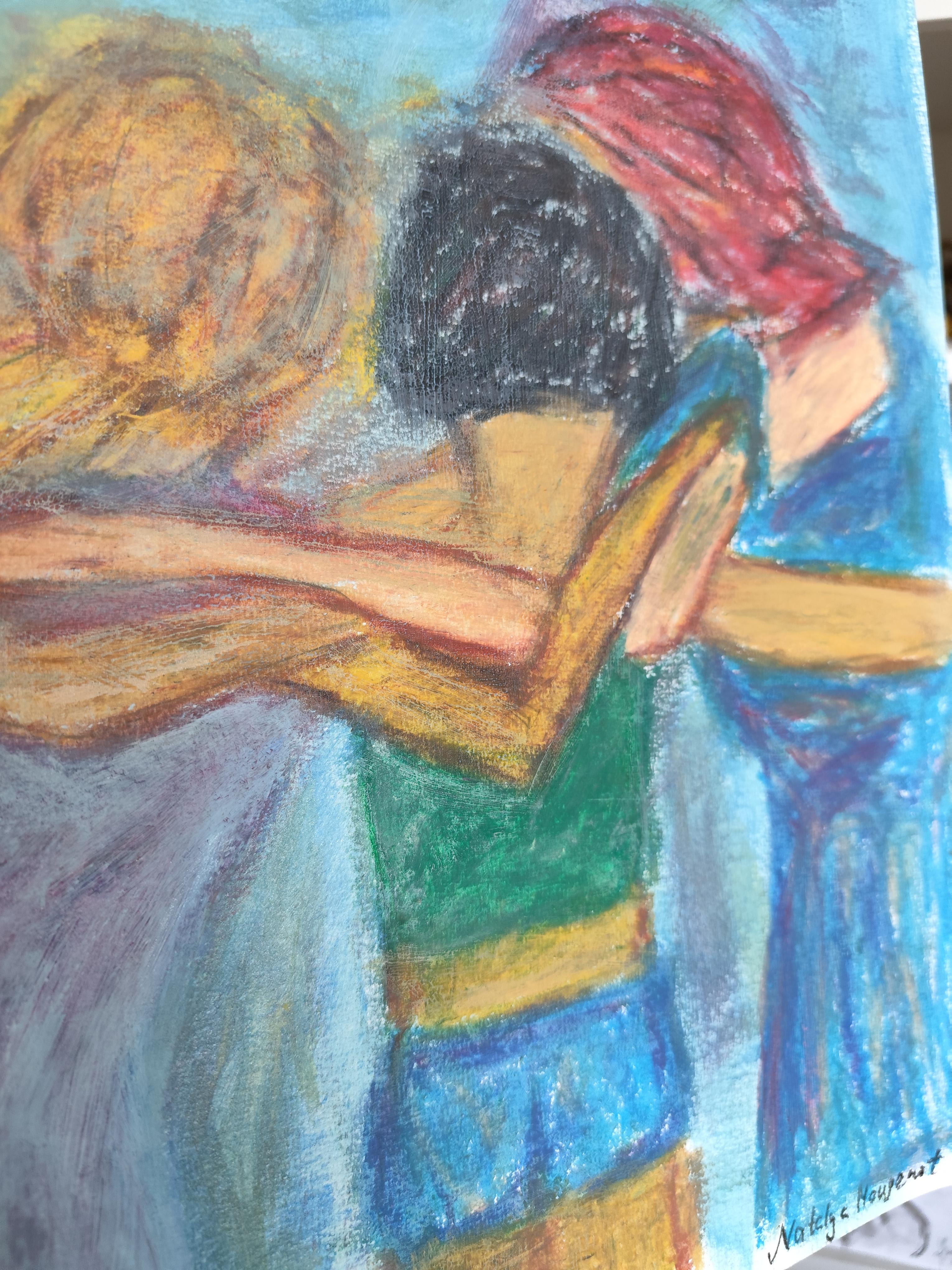Contemporary figurative painting of women oil pastels on paper 