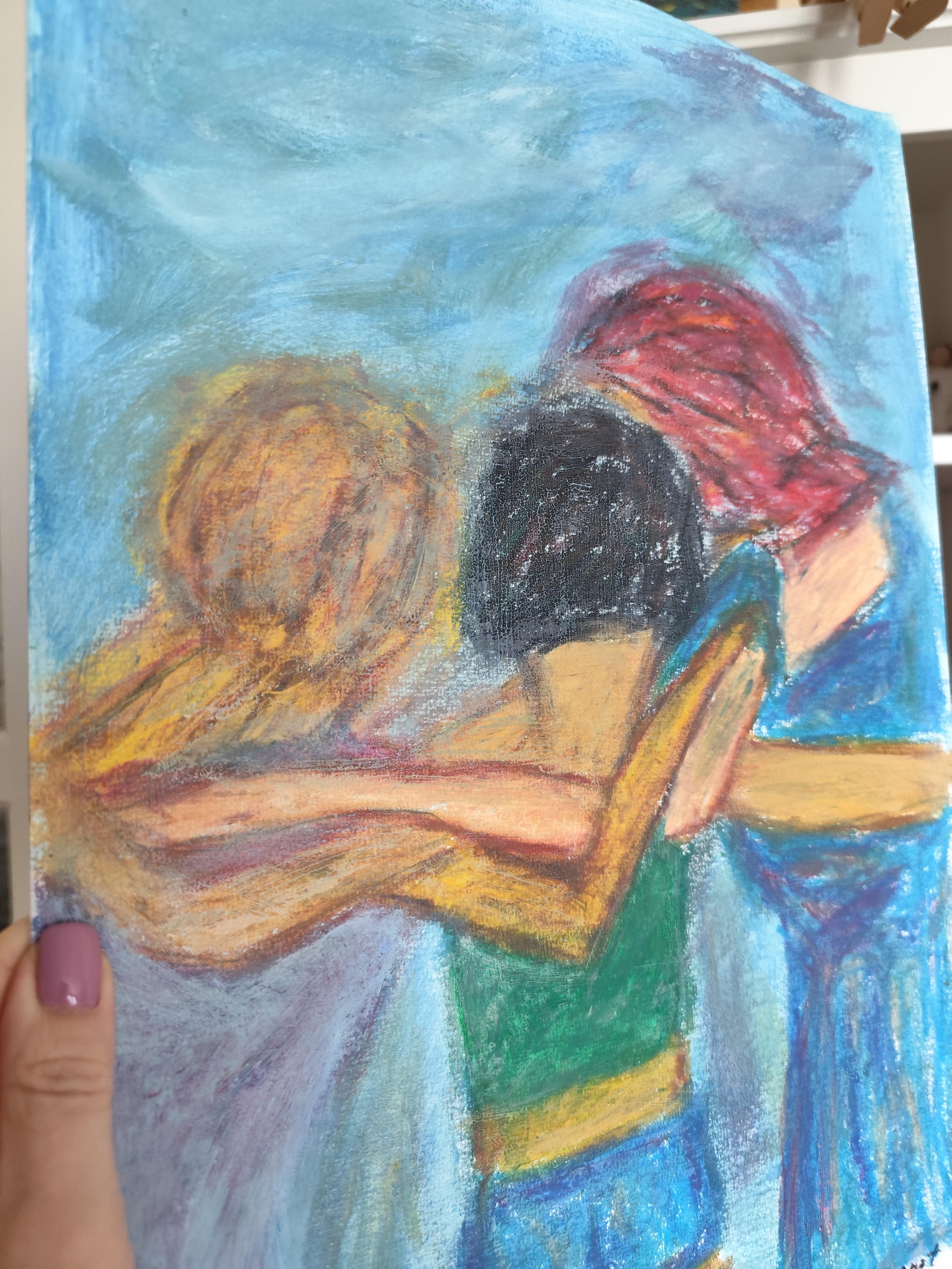 Contemporary figurative painting of women oil pastels on paper 
