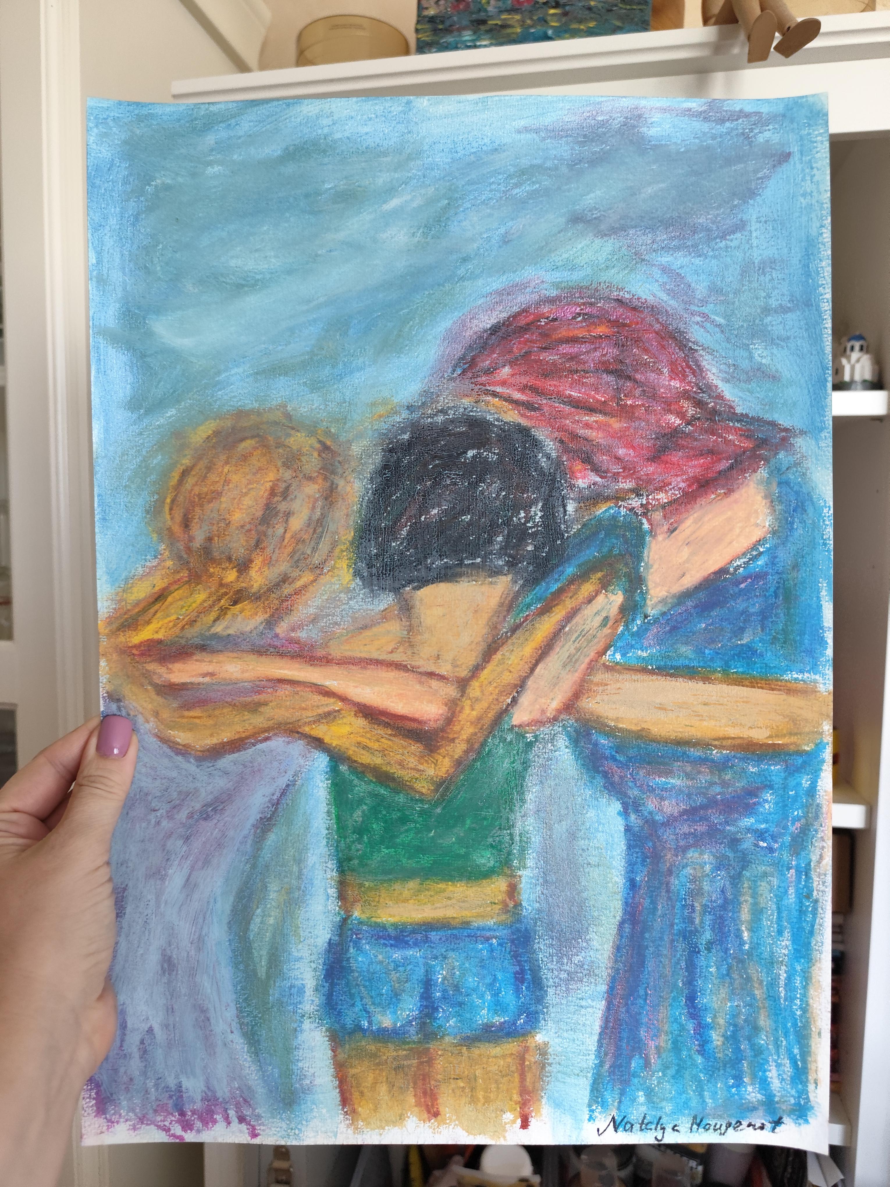 Contemporary figurative painting of women oil pastels on paper 