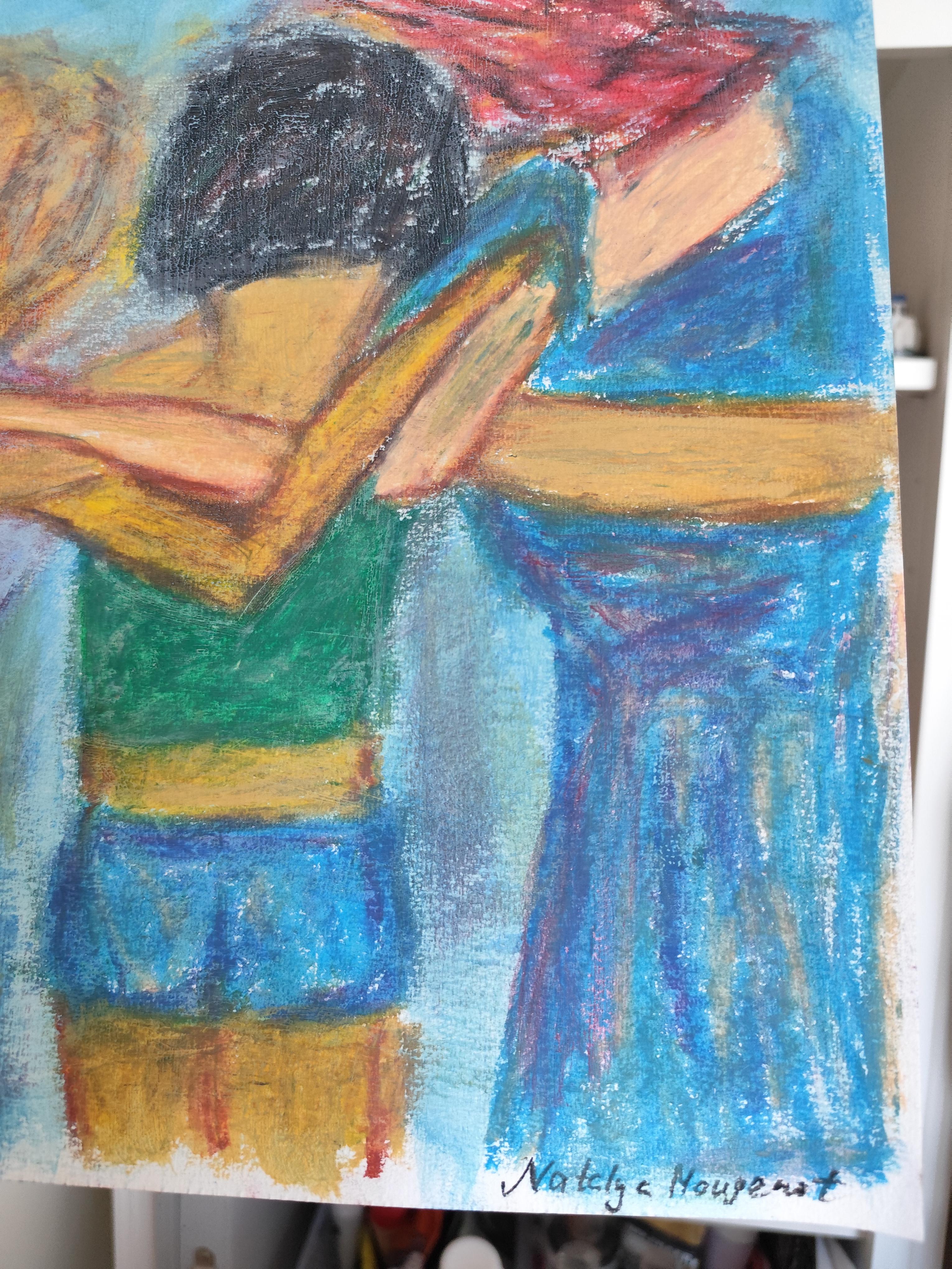 Contemporary figurative painting of women oil pastels on paper 