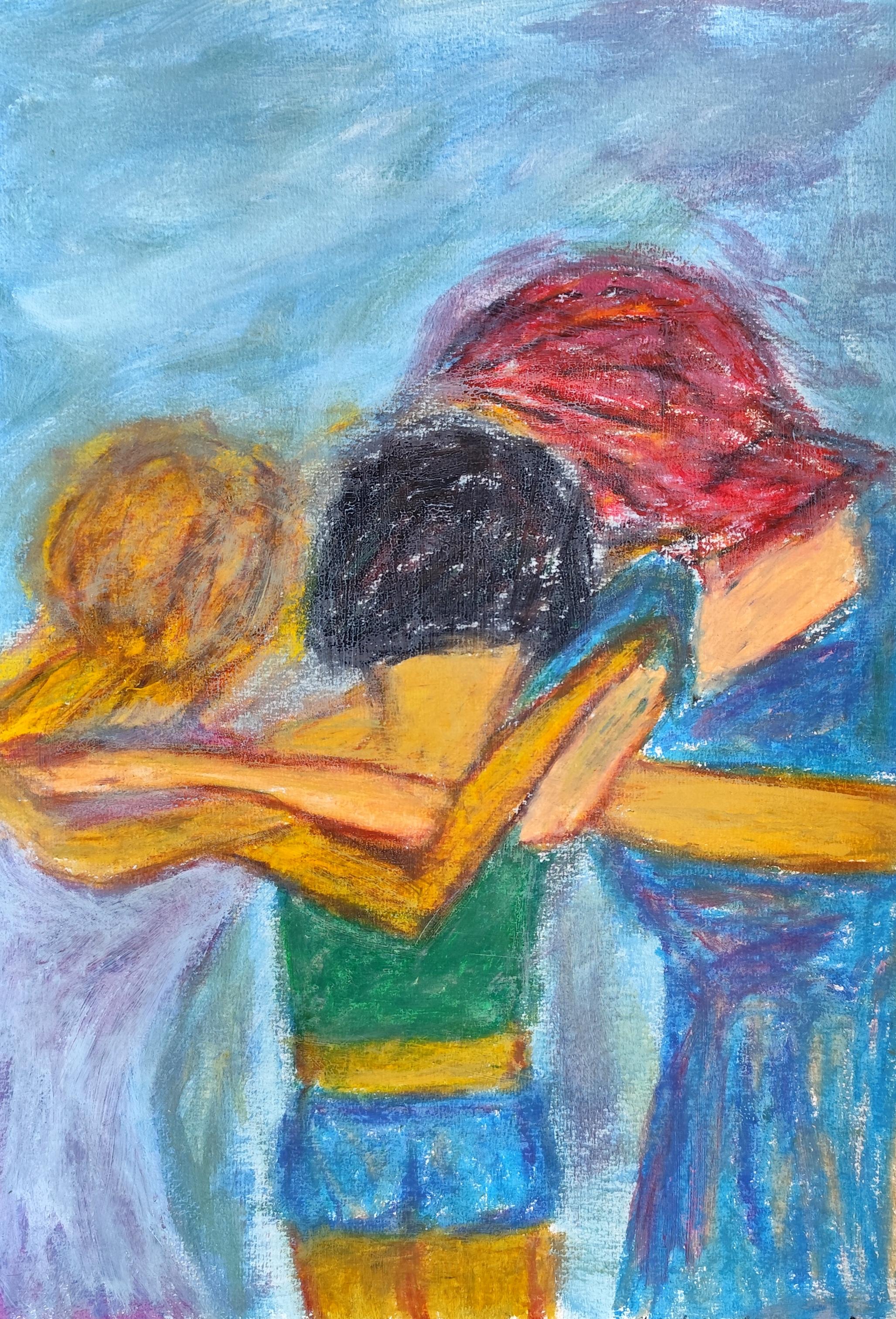 Natalya Mougenot  Portrait Painting - Contemporary figurative painting of women oil pastels on paper "Bond of Souls"