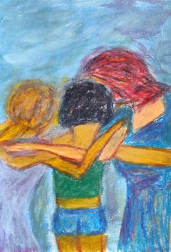 Pittura figurativa contemporanea di donne pastelli a olio su carta "Legame di anime".