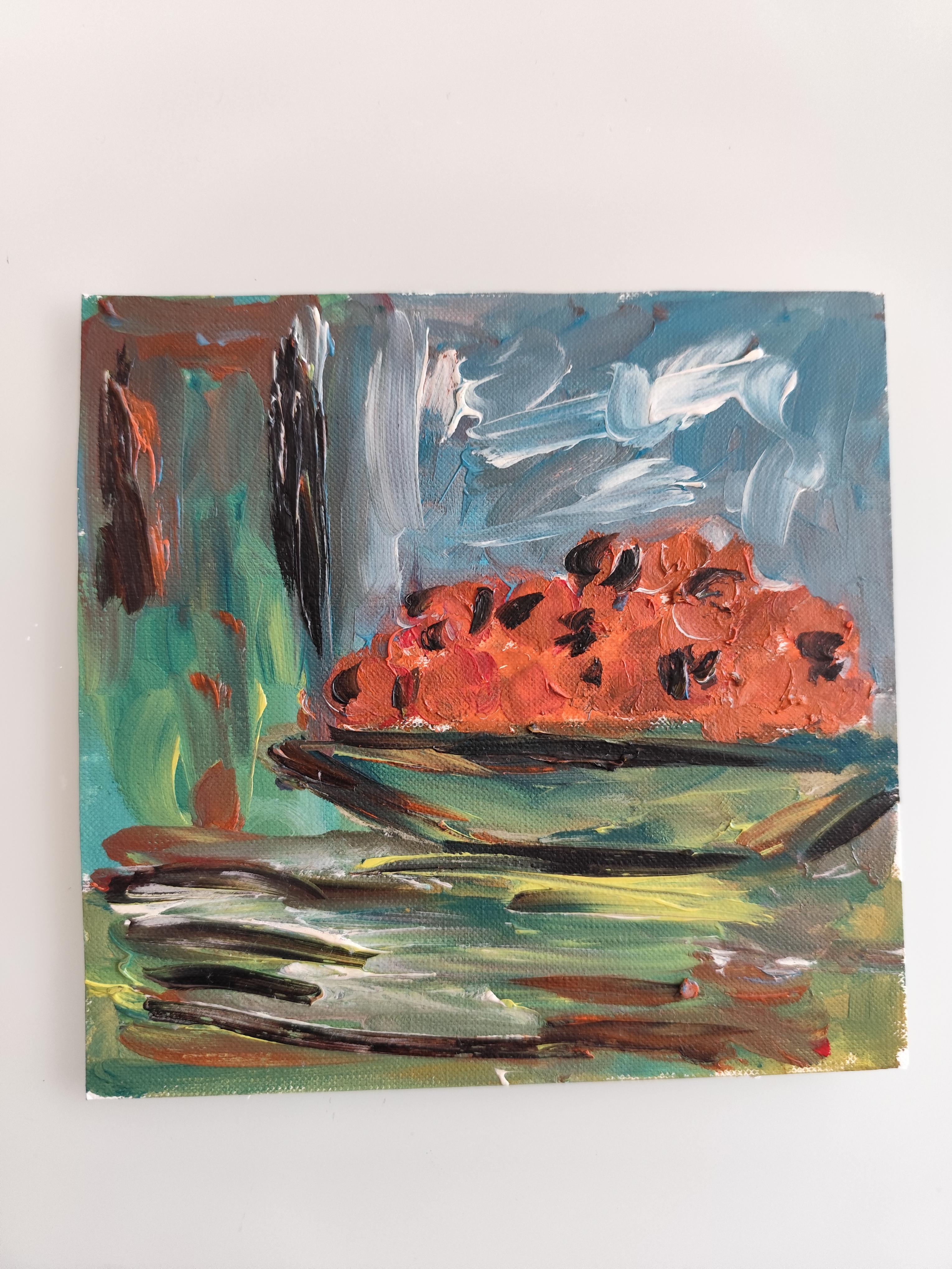 In questo vivace dipinto a olio, le albicocche riposano in una semplice ciotola, apparentemente incontaminate dal tempo. Il dipinto si ispira all'estetica di due degli artisti più influenti della storia dell'arte moderna: Claude Monet e Paul