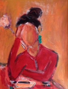 Contemporary portrait of a woman  "A woman with a cup of coffee and a rose"