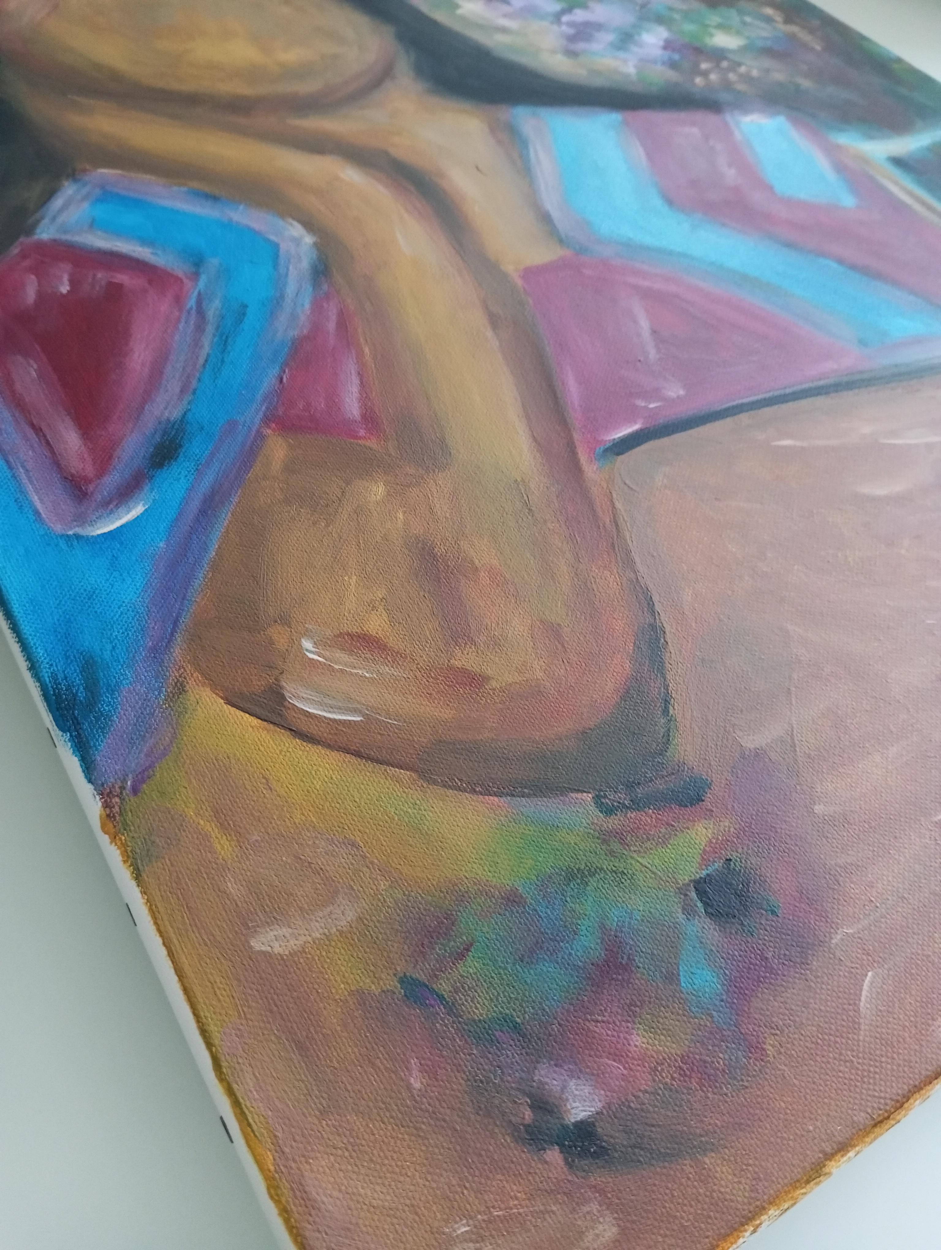 Quadro figurativo contemporaneo di una donna acrilico su tela pronto da appendere in vendita 14