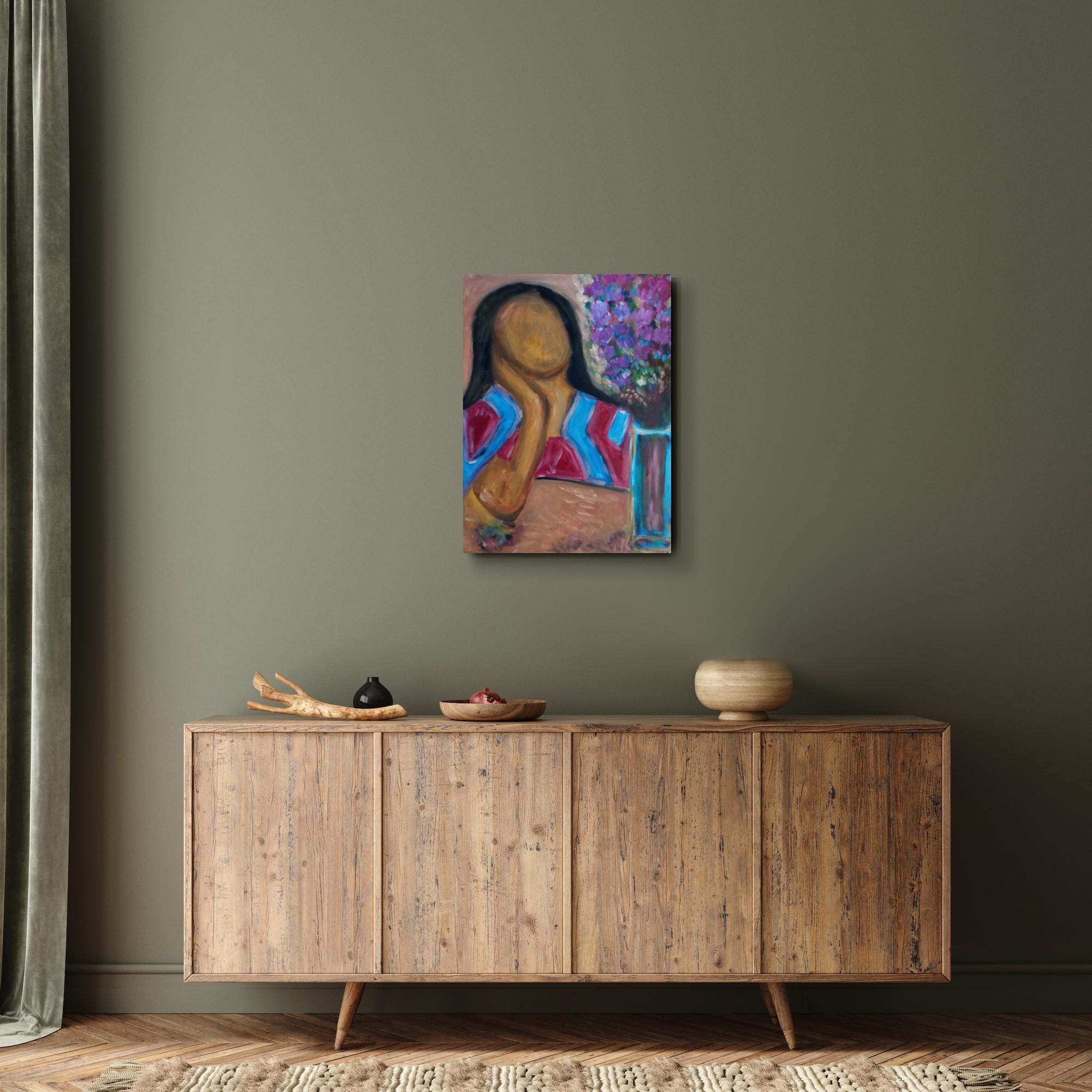 Quadro figurativo contemporaneo di una donna acrilico su tela pronto da appendere - Painting di Natalya Mougenot 
