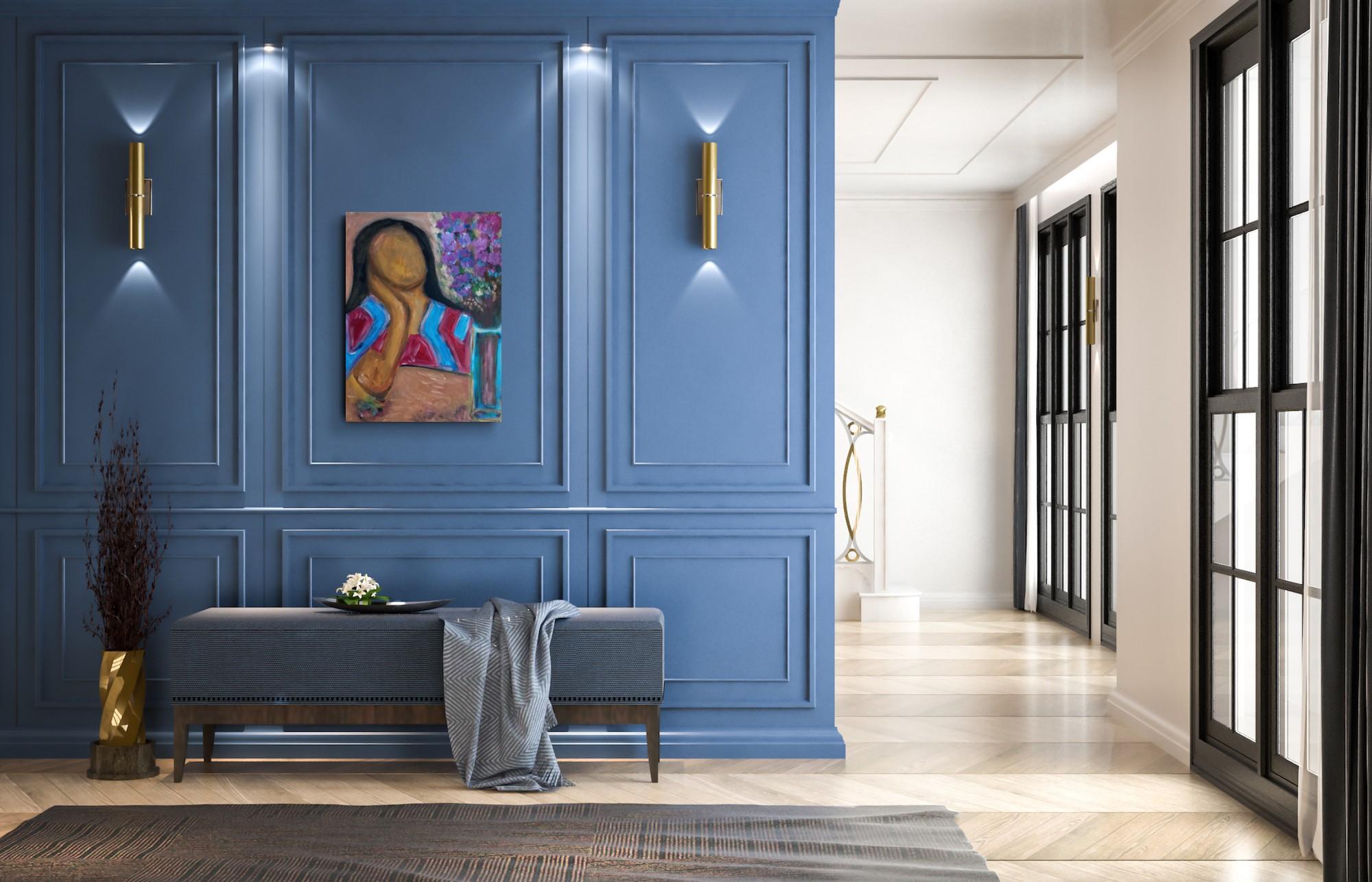 Quadro figurativo contemporaneo di una donna acrilico su tela pronto da appendere - Portrait Painting Grigio di Natalya Mougenot 