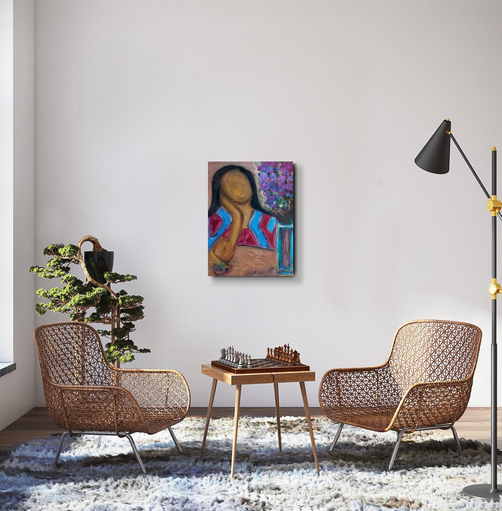 Quadro figurativo contemporaneo di una donna acrilico su tela pronto da appendere in vendita 1