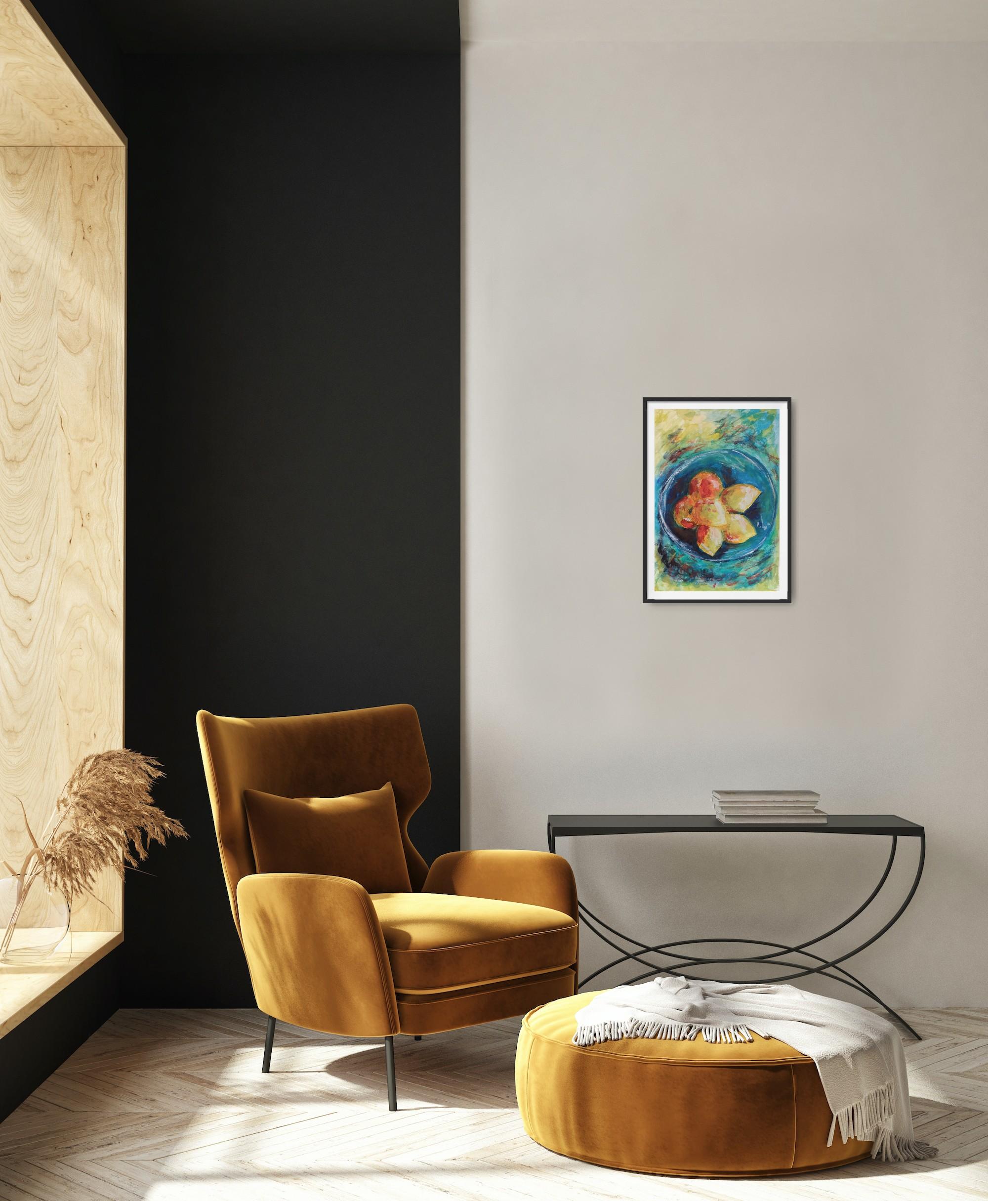 Pintura contemporánea en acuarela de bodegón de limones 