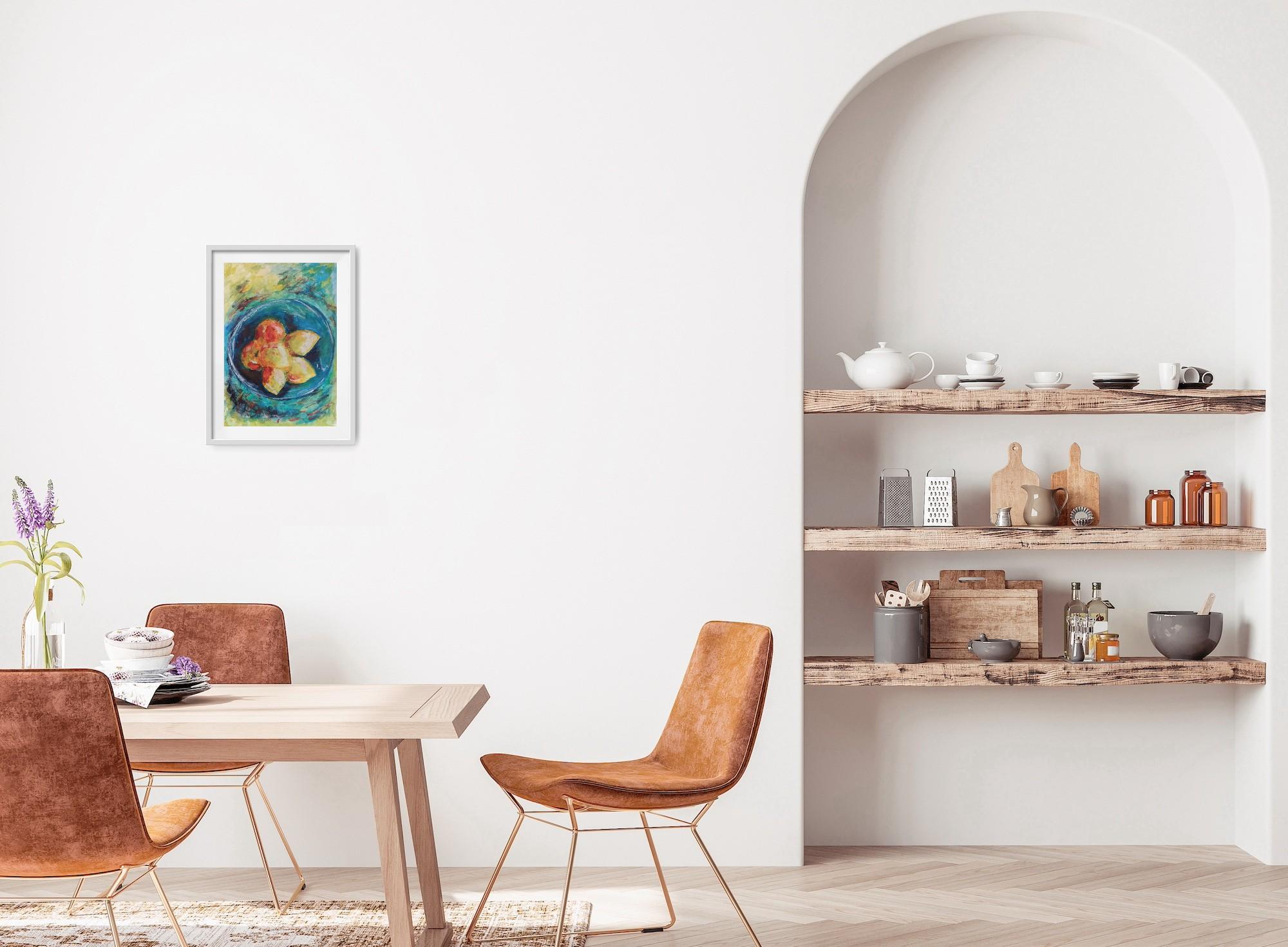 Pintura contemporánea en acuarela de bodegón de limones 