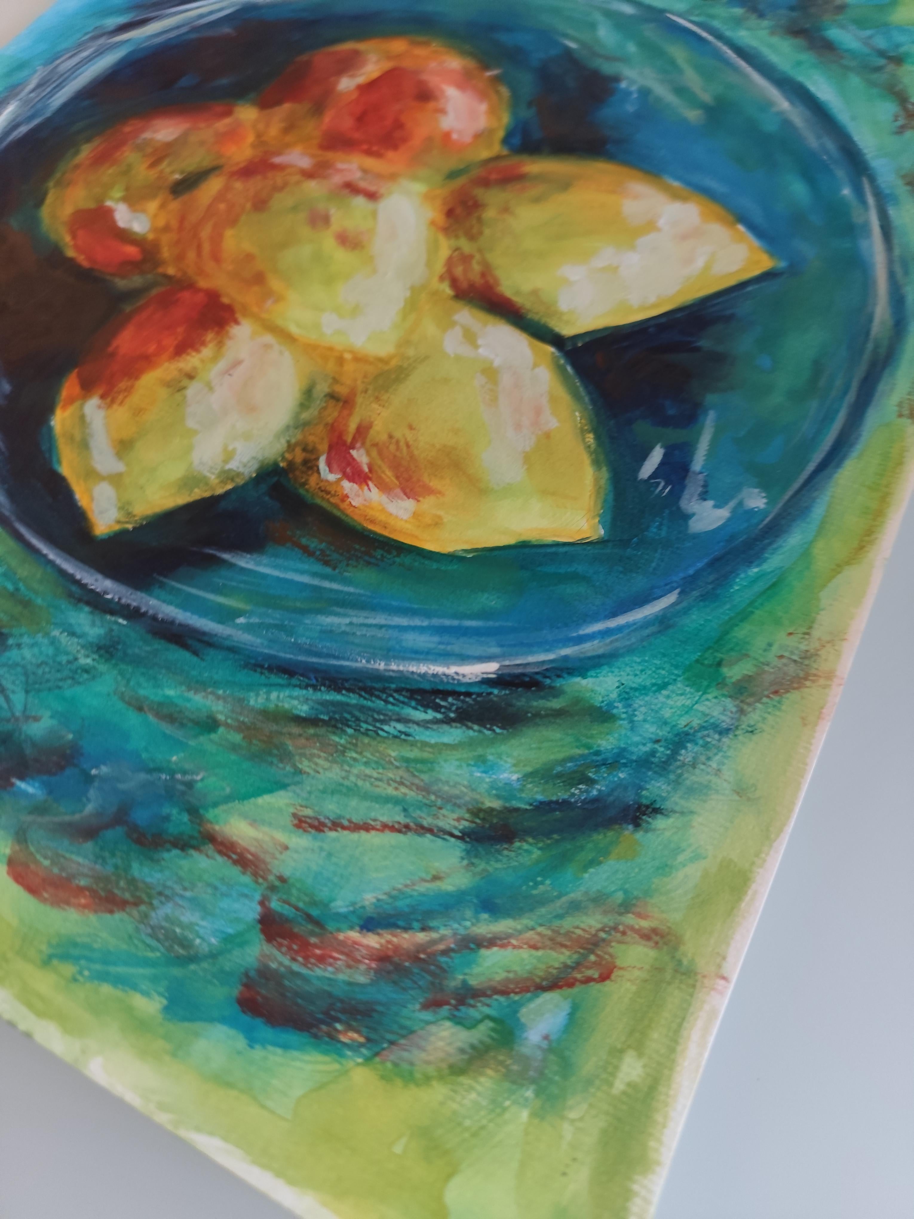 Pintura contemporánea en acuarela de bodegón de limones 