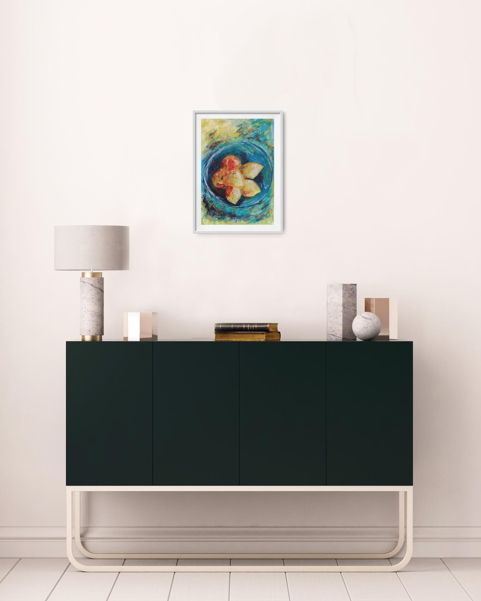 Pintura contemporánea en acuarela de bodegón de limones 