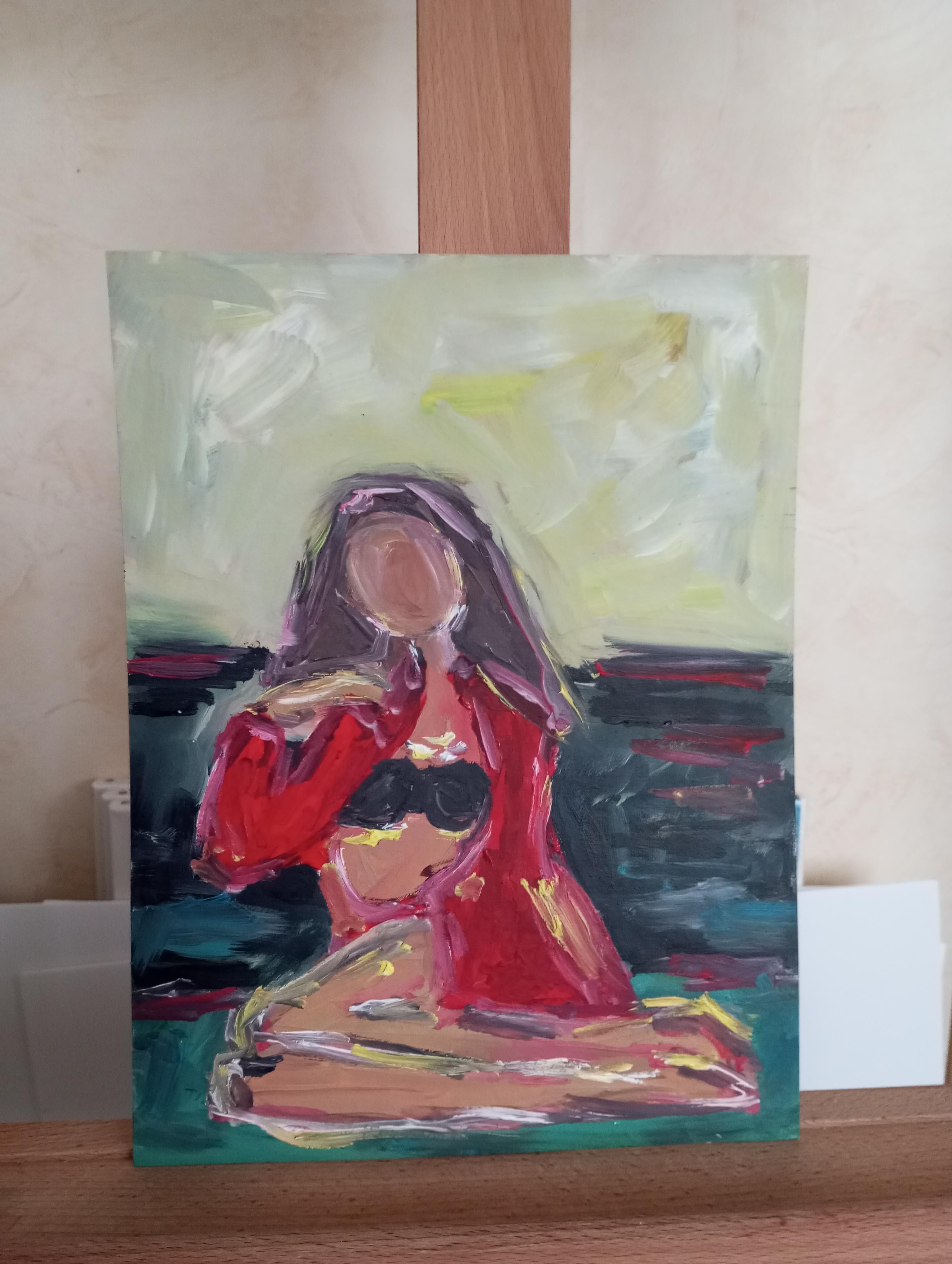 Zeitgenössisches impressionistisches expressives Ölgemälde einer Frau auf Papier im Angebot 6