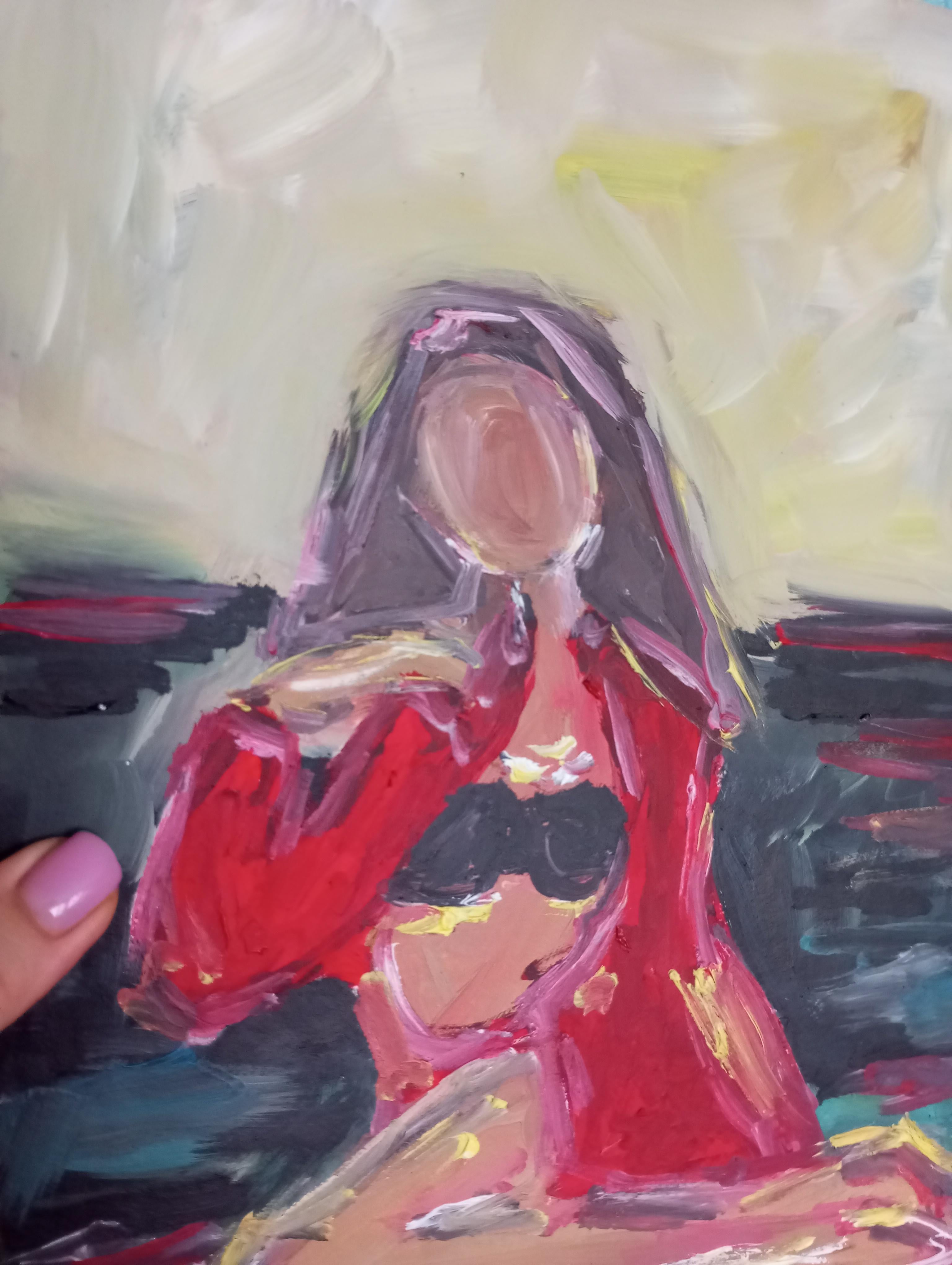 Zeitgenössisches impressionistisches expressives Ölgemälde einer Frau auf Papier im Angebot 7