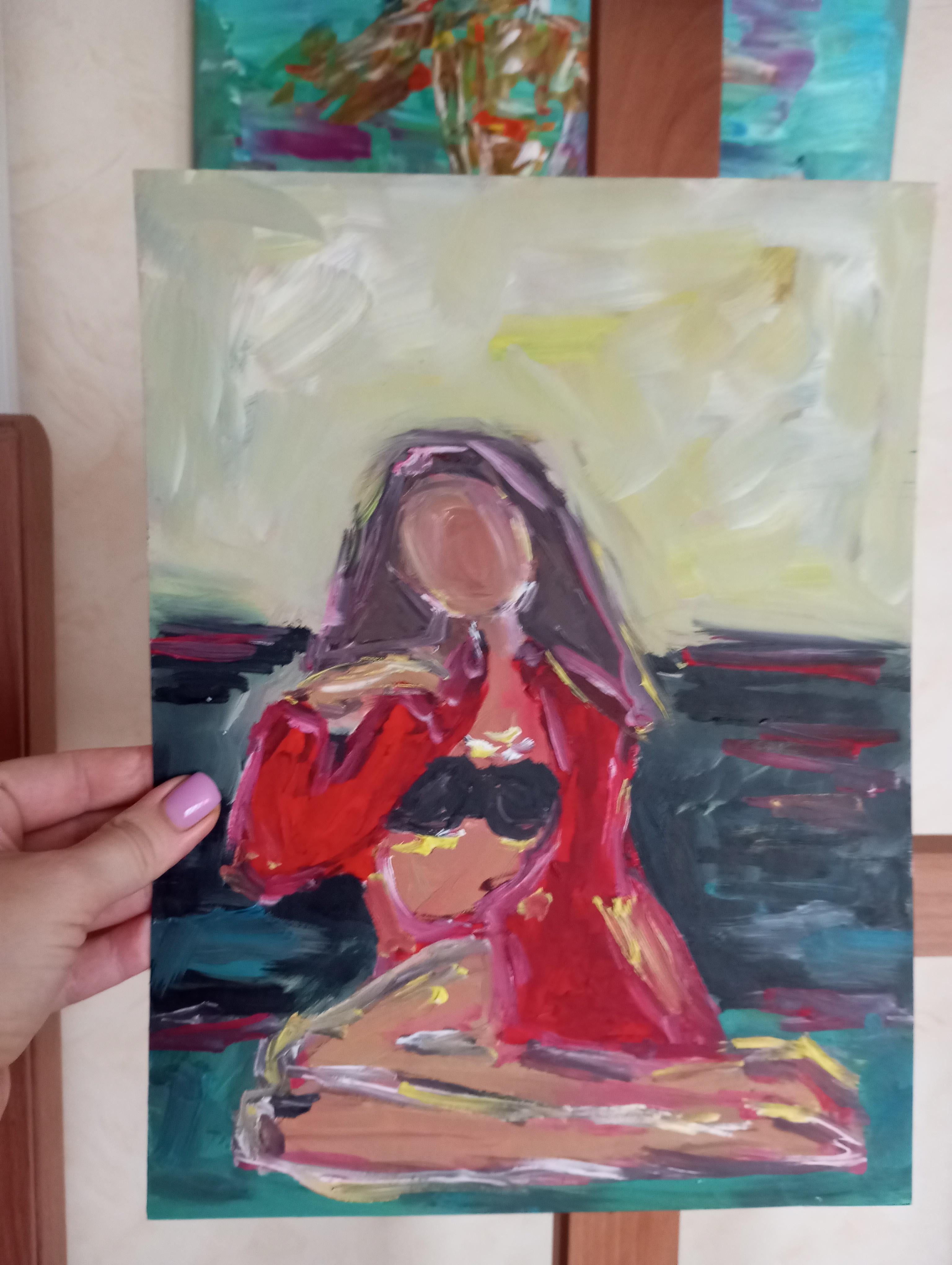 Zeitgenössisches impressionistisches expressives Ölgemälde einer Frau auf Papier im Angebot 8