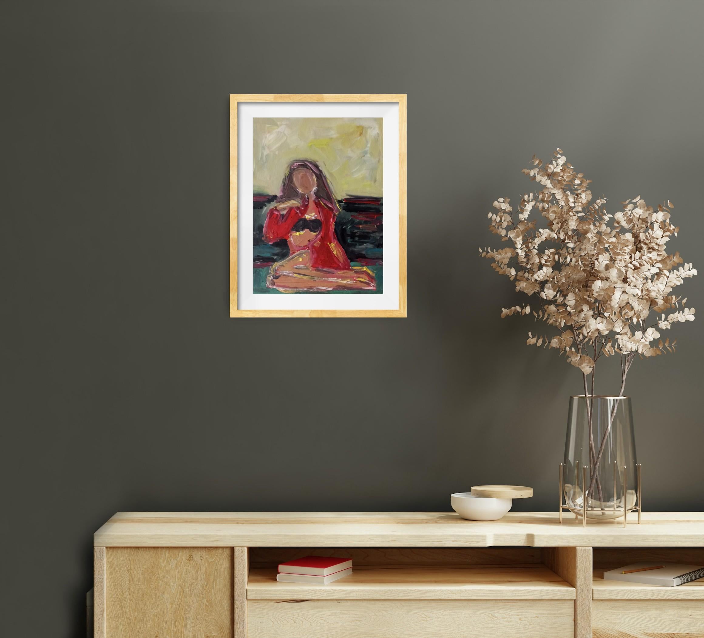 Zeitgenössisches impressionistisches expressives Ölgemälde einer Frau auf Papier im Angebot 1