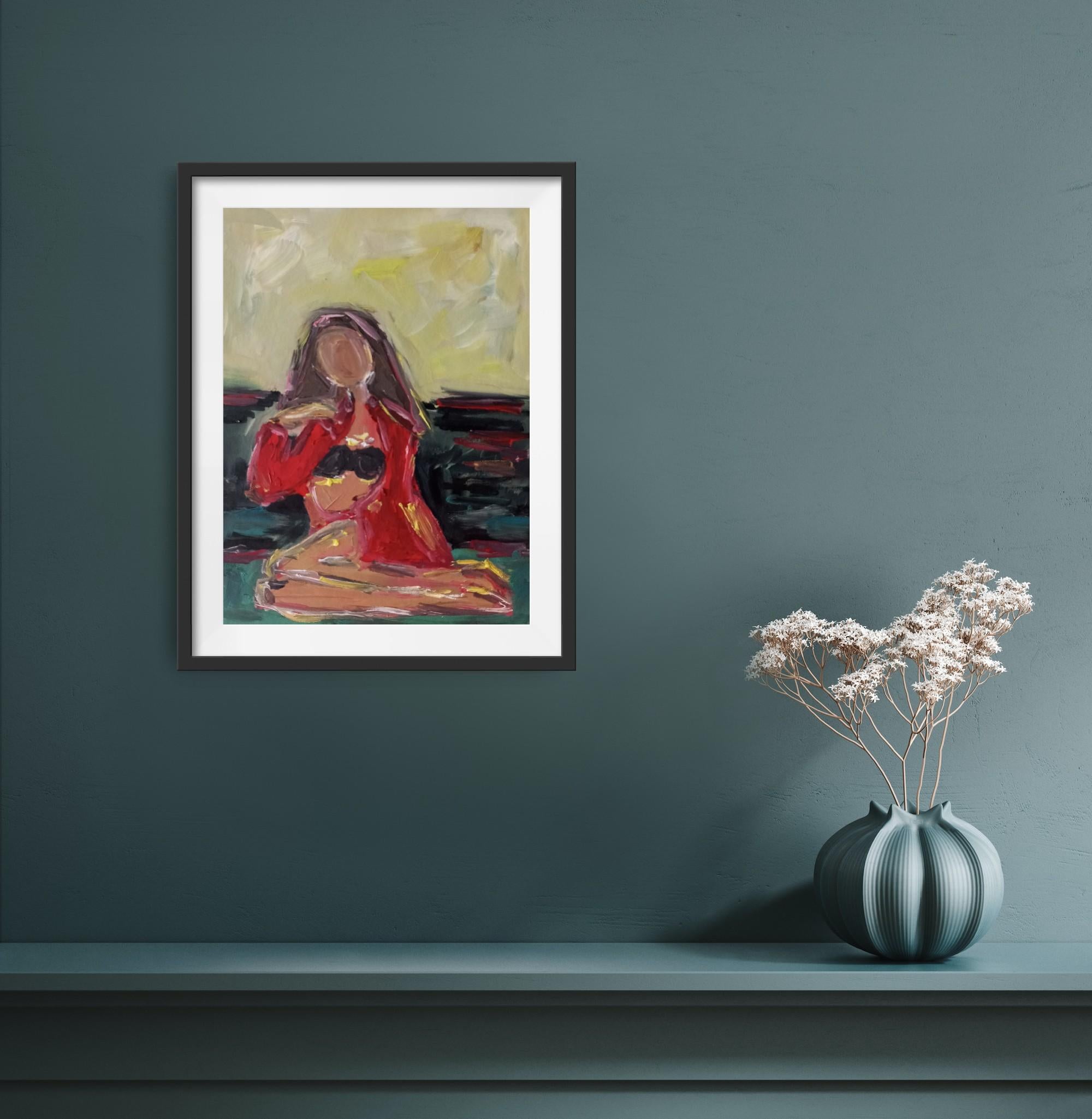 Zeitgenössisches impressionistisches expressives Ölgemälde einer Frau auf Papier im Angebot 2