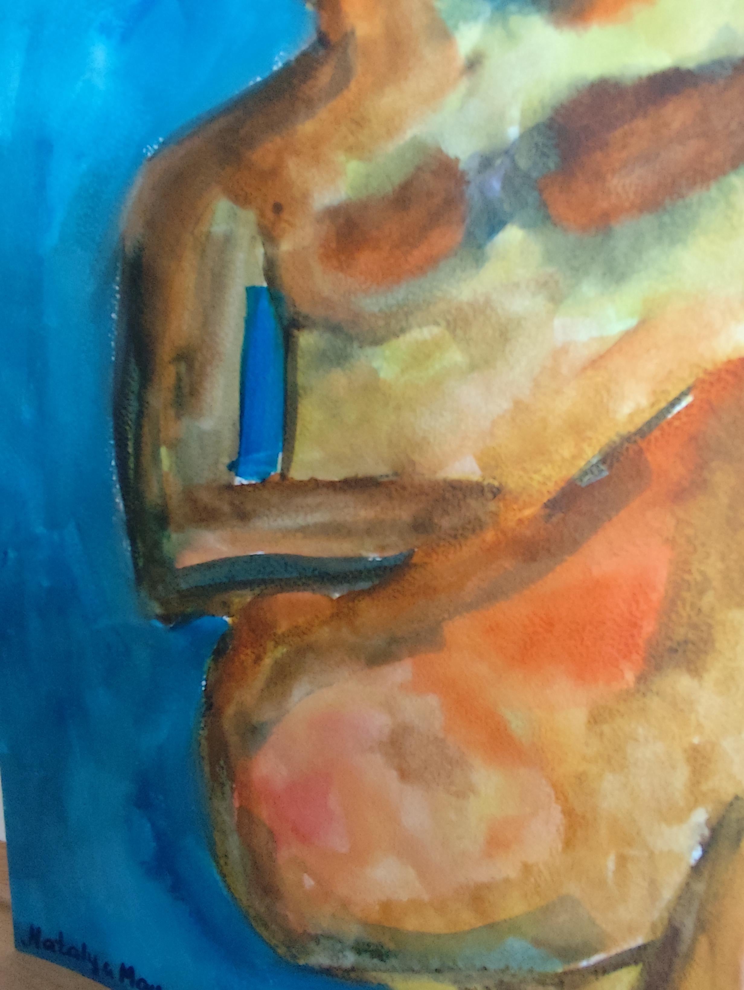 Esta obra de arte, creada por Natalya Mougenot, es una impactante exploración del cuerpo de una mujer, magistralmente retratado utilizando colores vibrantes y evocadores. 
La composición capta una vista parcial de un torso femenino, representado en