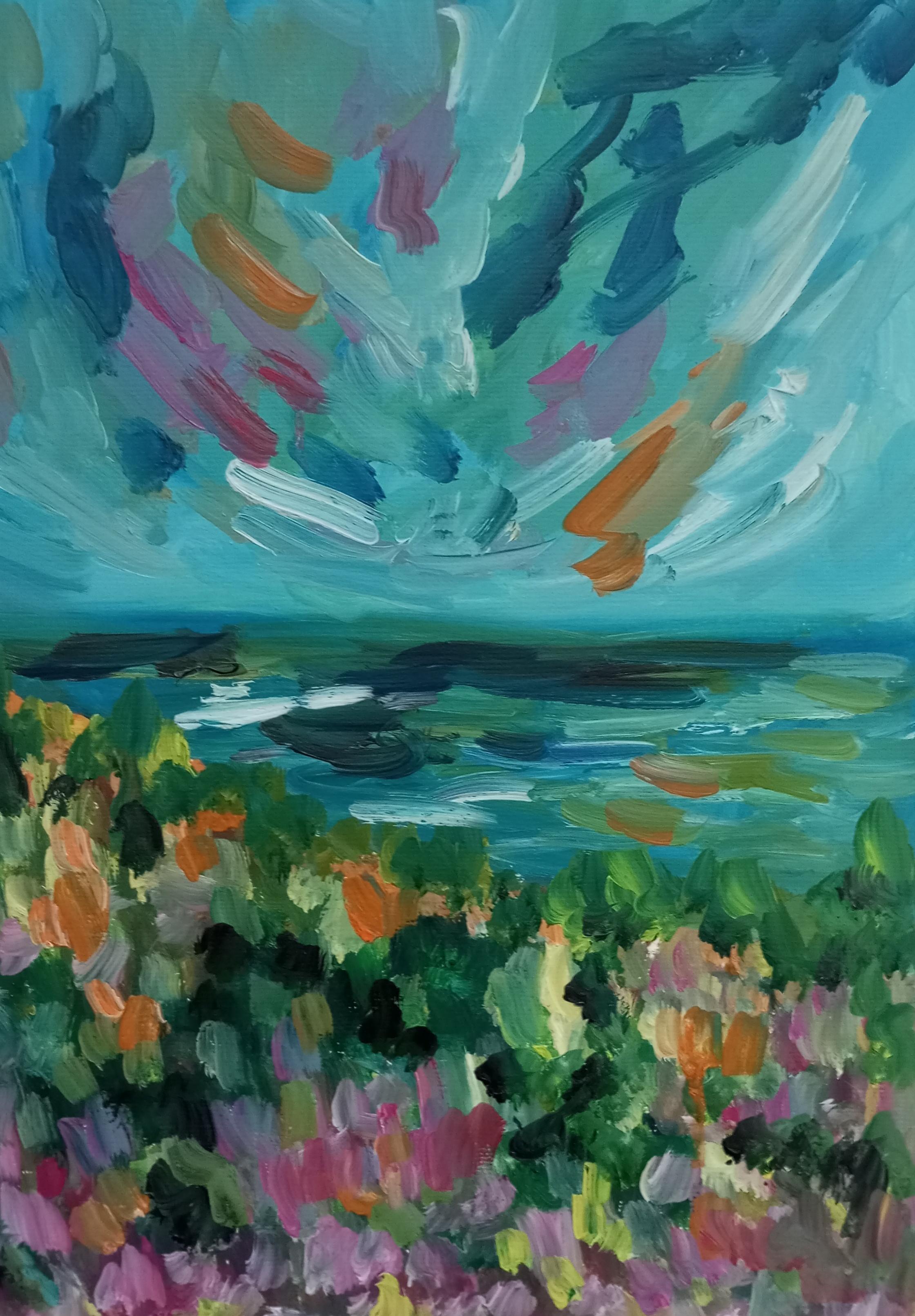 Impressionist seascape nature painting paper "Dreaming of the south of France"