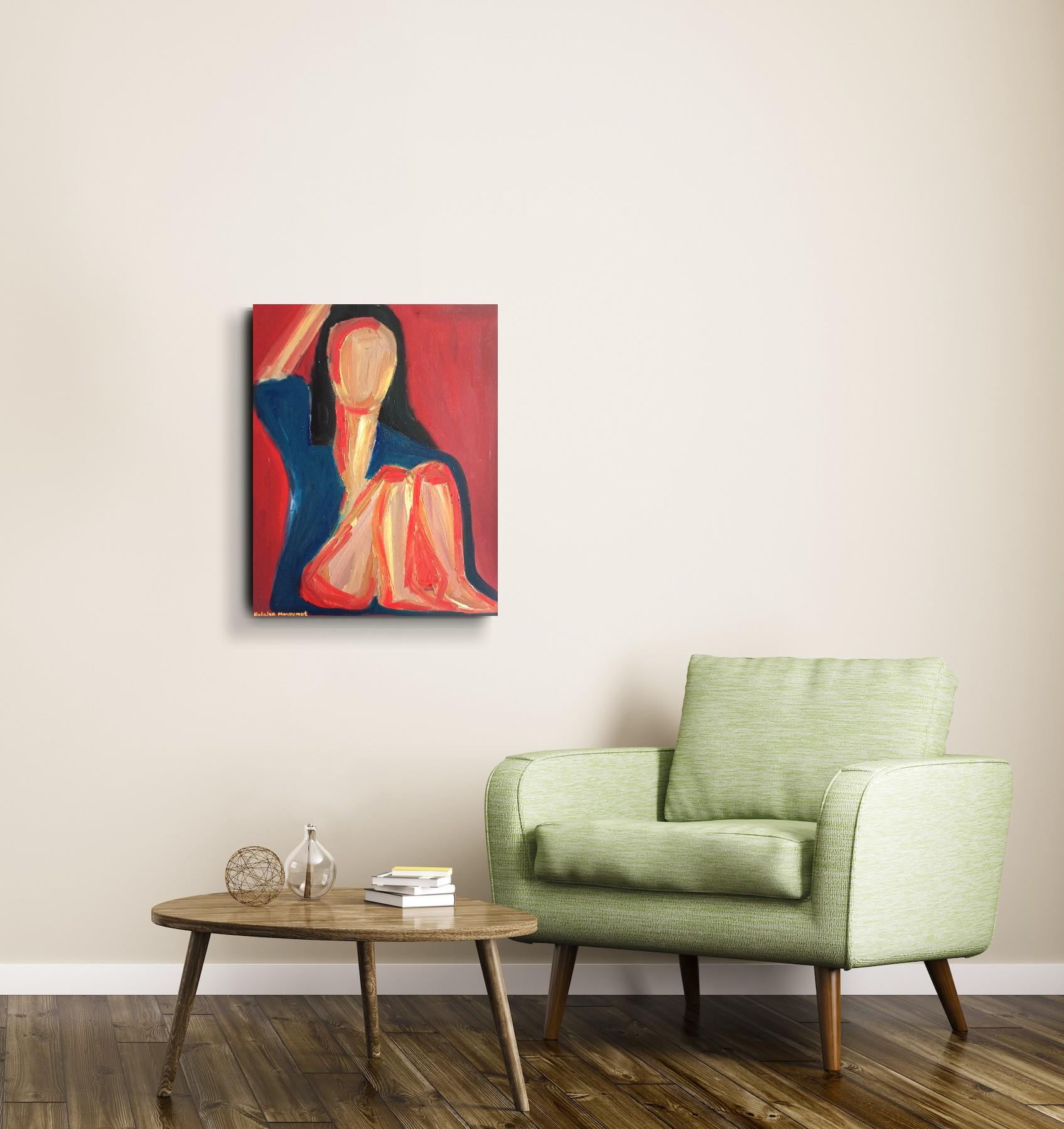 Contemporary expressive figurative Porträt Ölgemälde einer Frau auf Leinwand (Orange), Portrait Painting, von Natalya Mougenot 