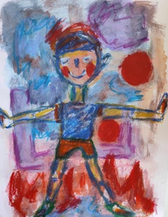 "Enjoying a carefree childhood" ( figurative art naive painting of a boy)