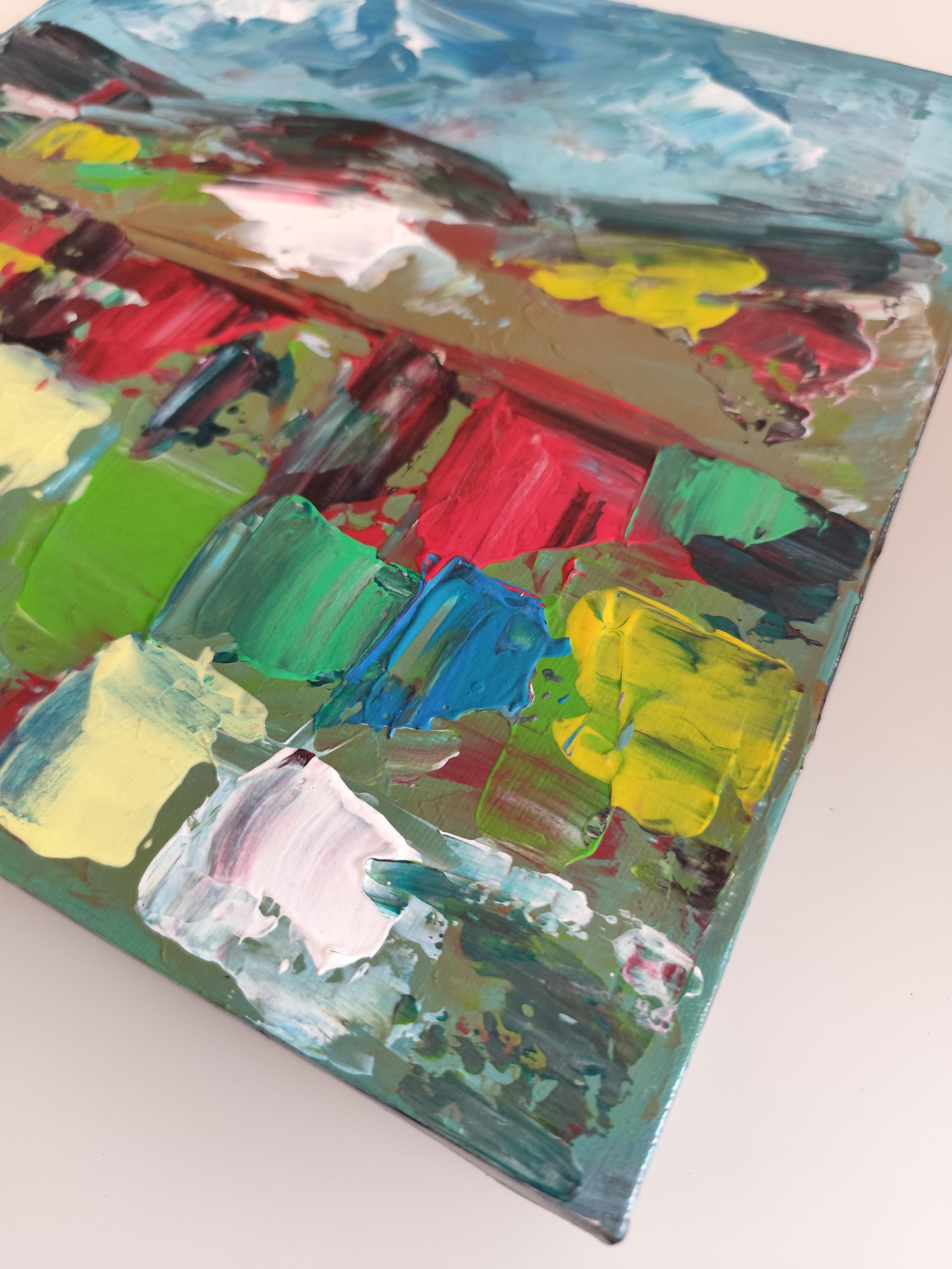 Pittura acrilica contemporanea astratta colorata ed espressiva su tela 