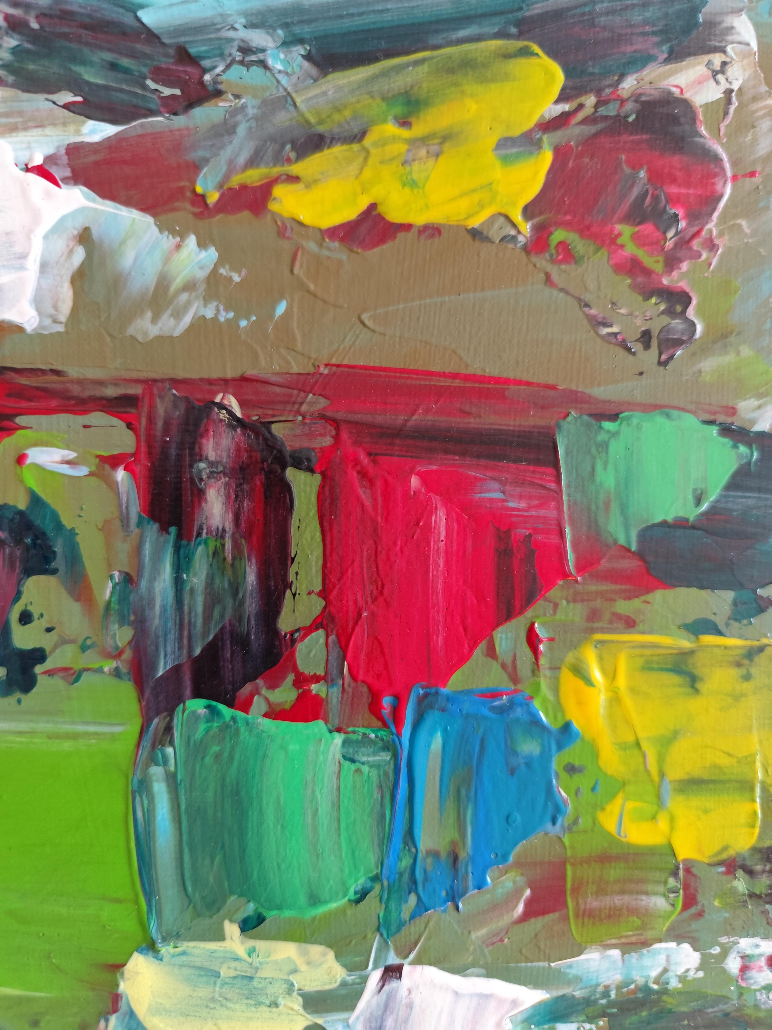 Pittura acrilica contemporanea astratta colorata ed espressiva su tela 