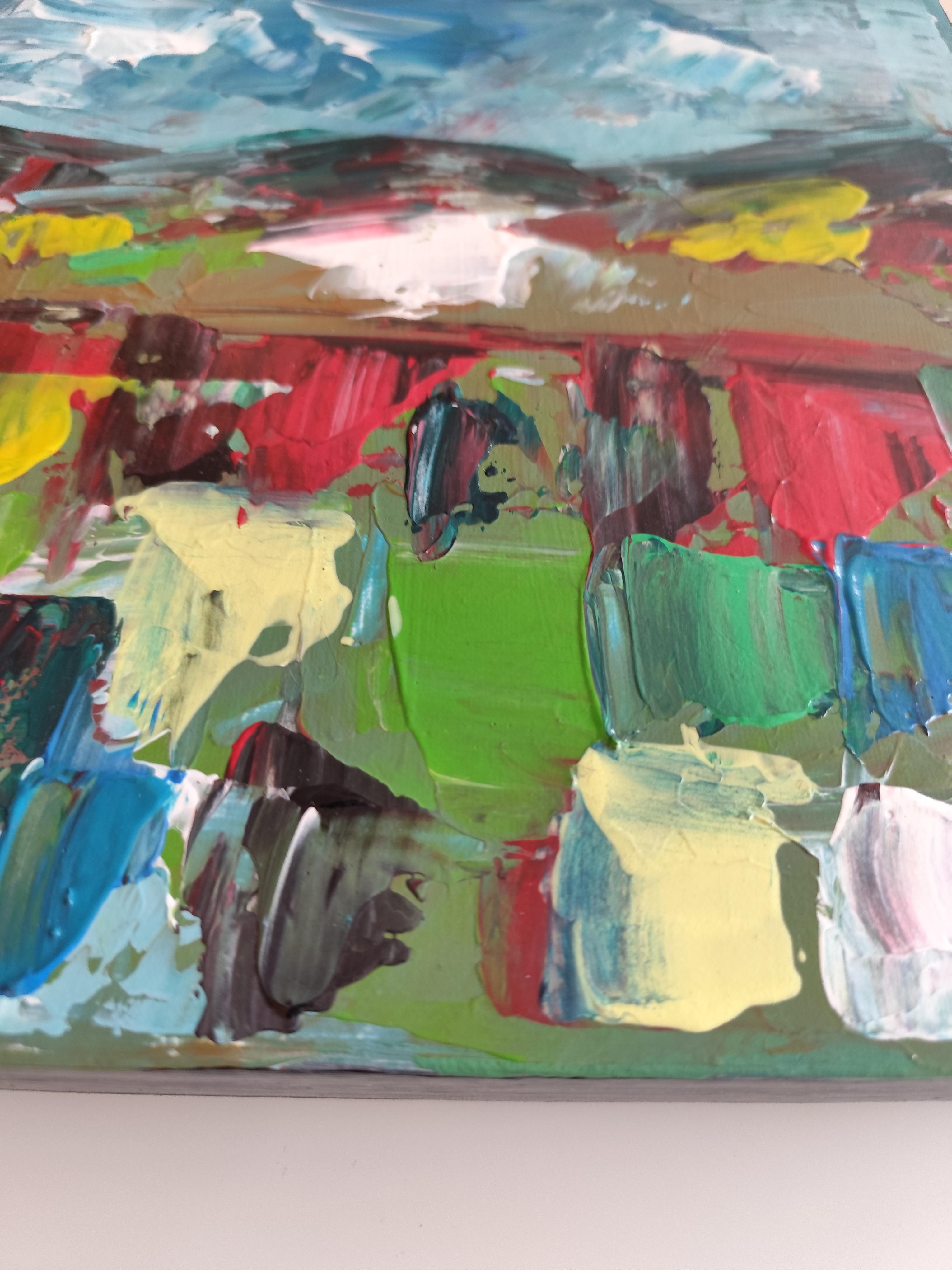 Pittura acrilica contemporanea astratta colorata ed espressiva su tela 