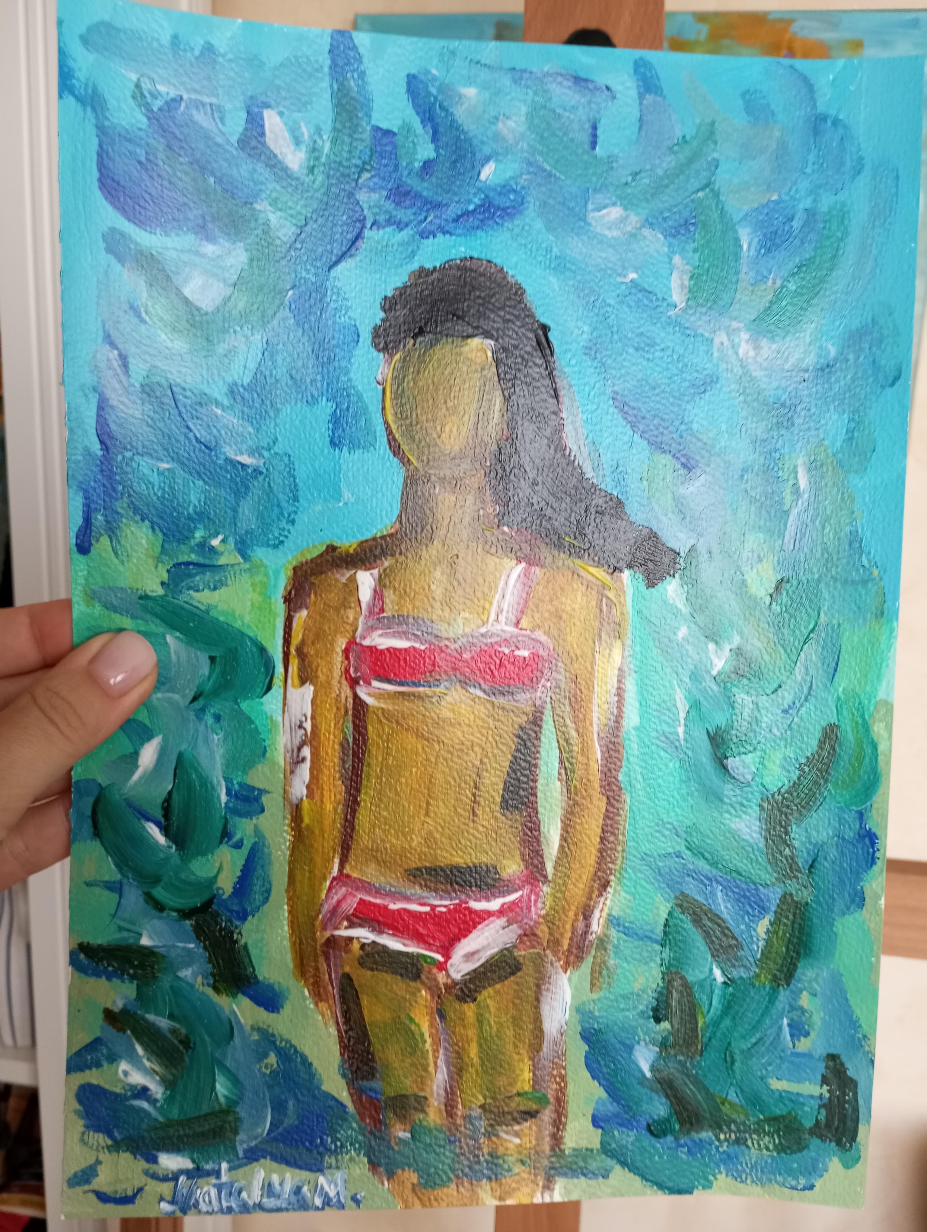 Contemporary expressive bunte figurative Acrylmalerei der Frau auf Papier im Angebot 5