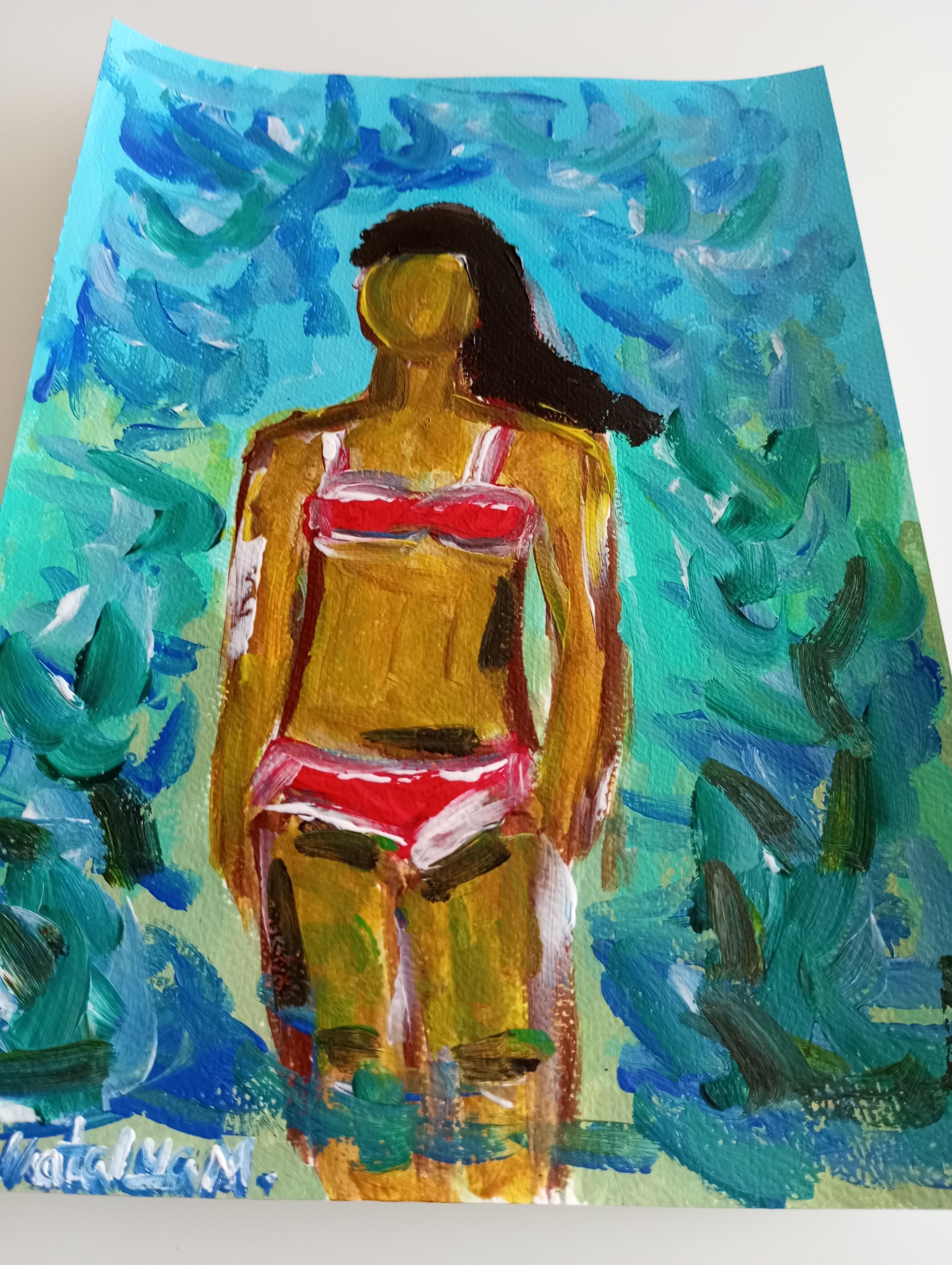 Contemporary expressive bunte figurative Acrylmalerei der Frau auf Papier im Angebot 7