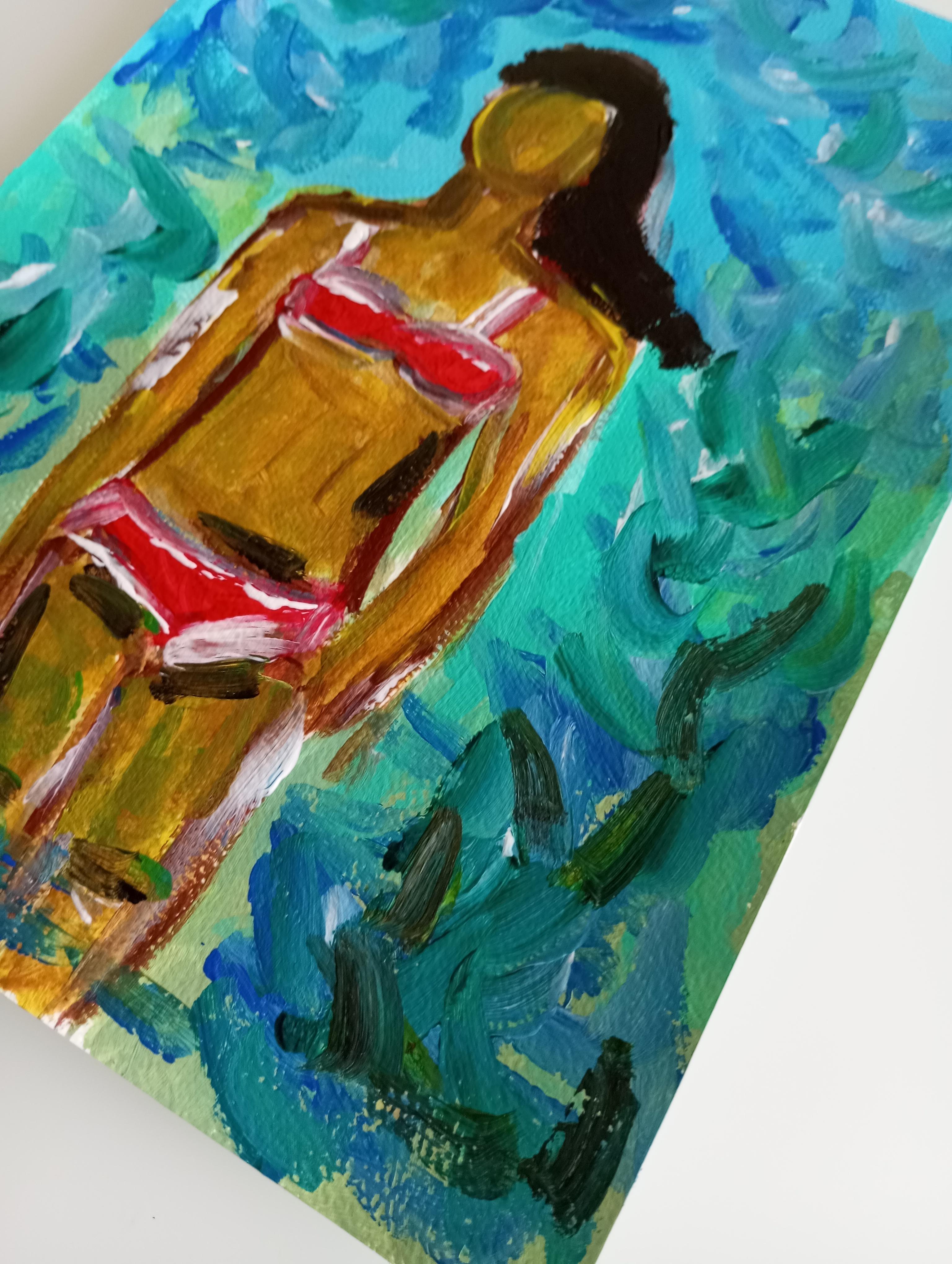 Contemporary expressive bunte figurative Acrylmalerei der Frau auf Papier im Angebot 8