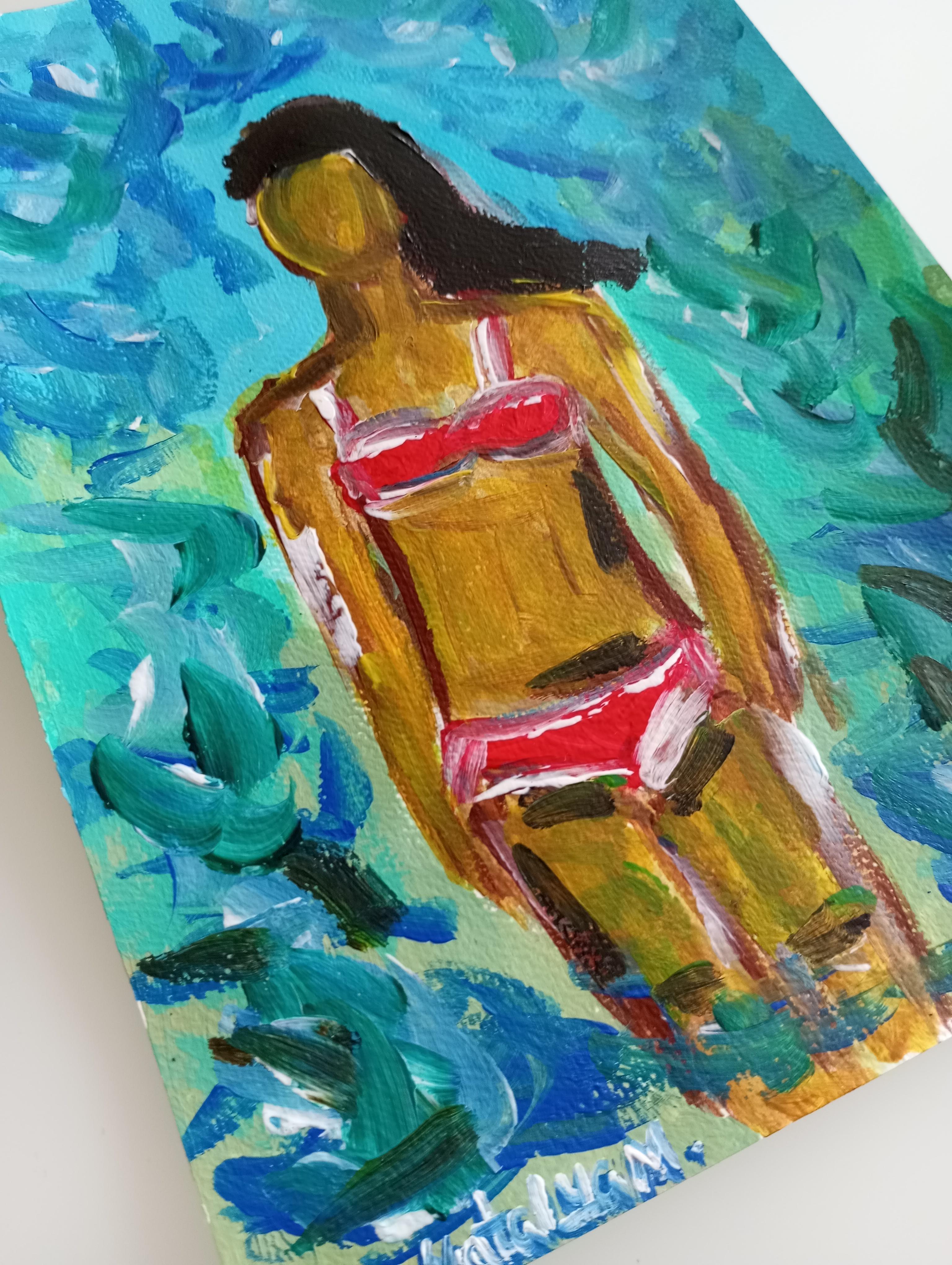Contemporary expressive bunte figurative Acrylmalerei der Frau auf Papier im Angebot 9