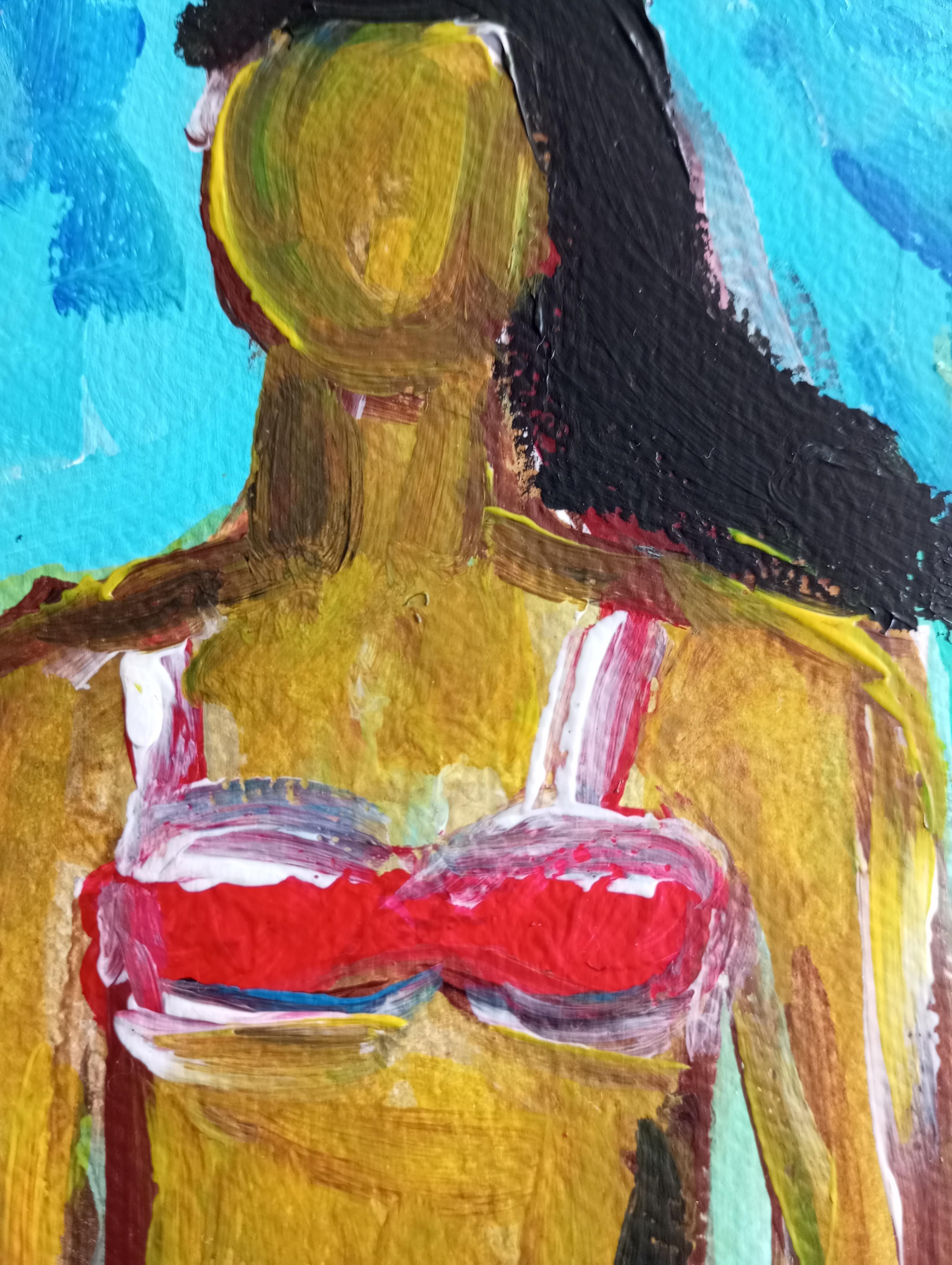 Contemporary expressive bunte figurative Acrylmalerei der Frau auf Papier im Angebot 10