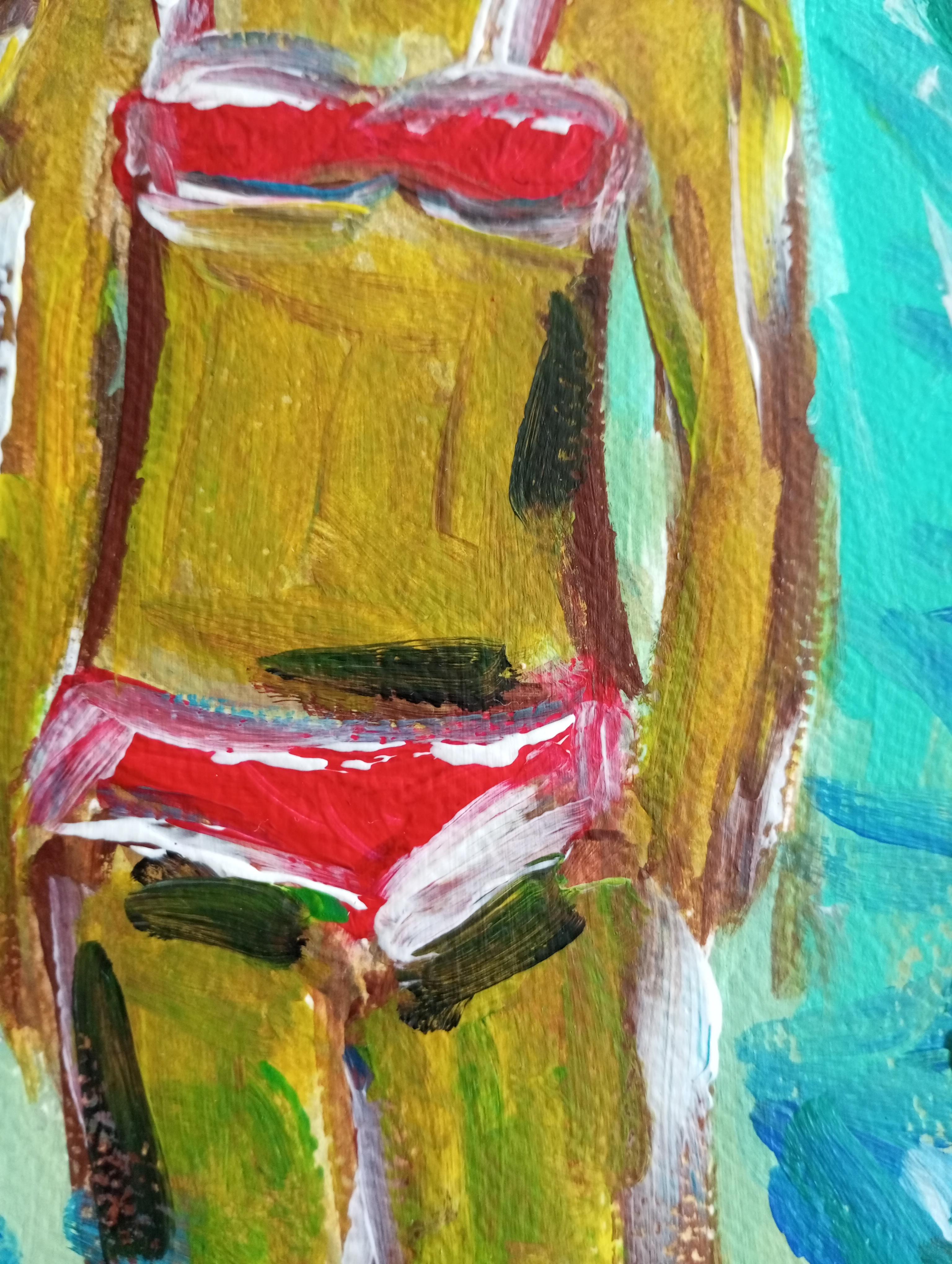 Contemporary expressive bunte figurative Acrylmalerei der Frau auf Papier im Angebot 11