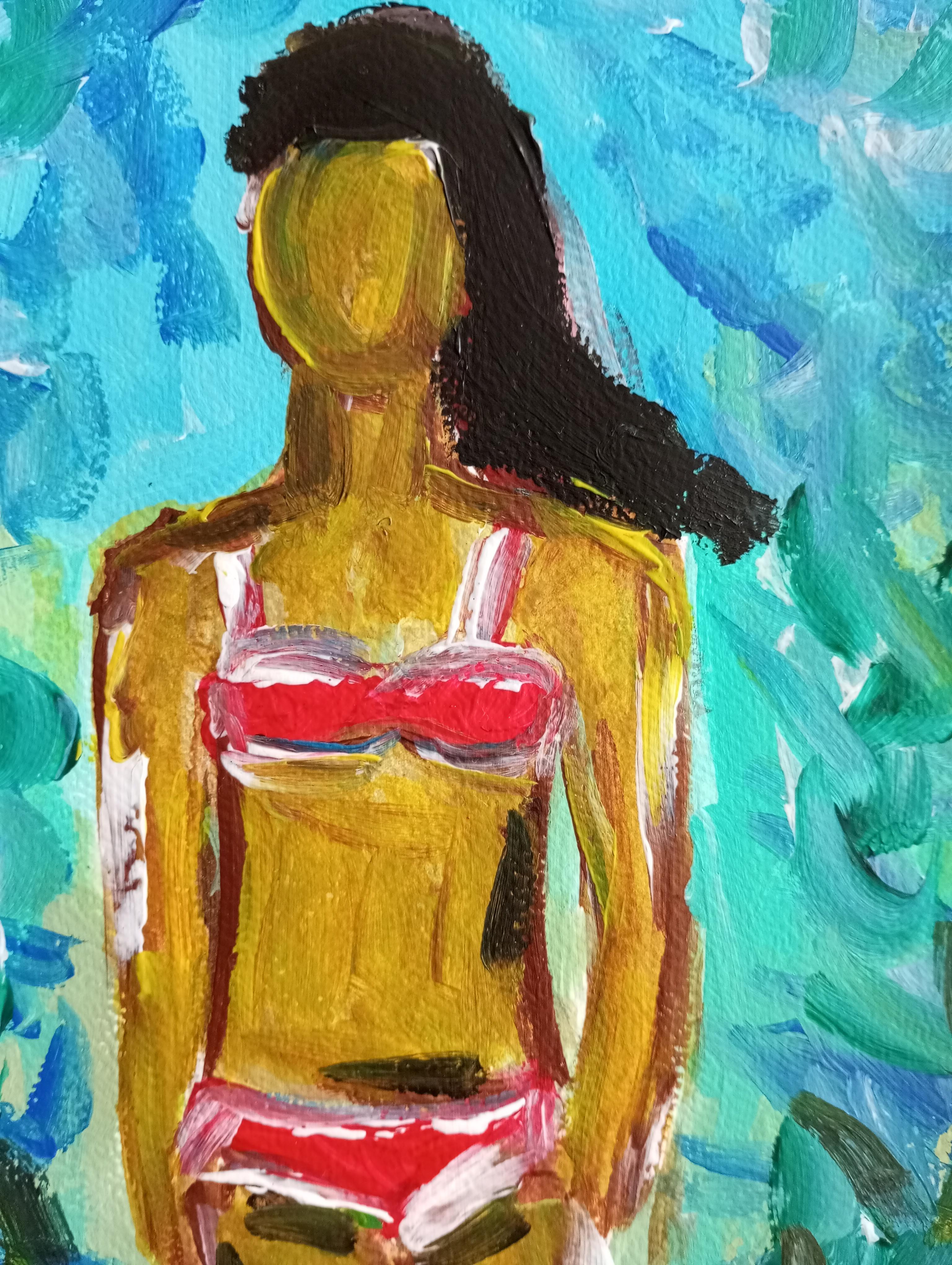 Contemporary expressive bunte figurative Acrylmalerei der Frau auf Papier im Angebot 12