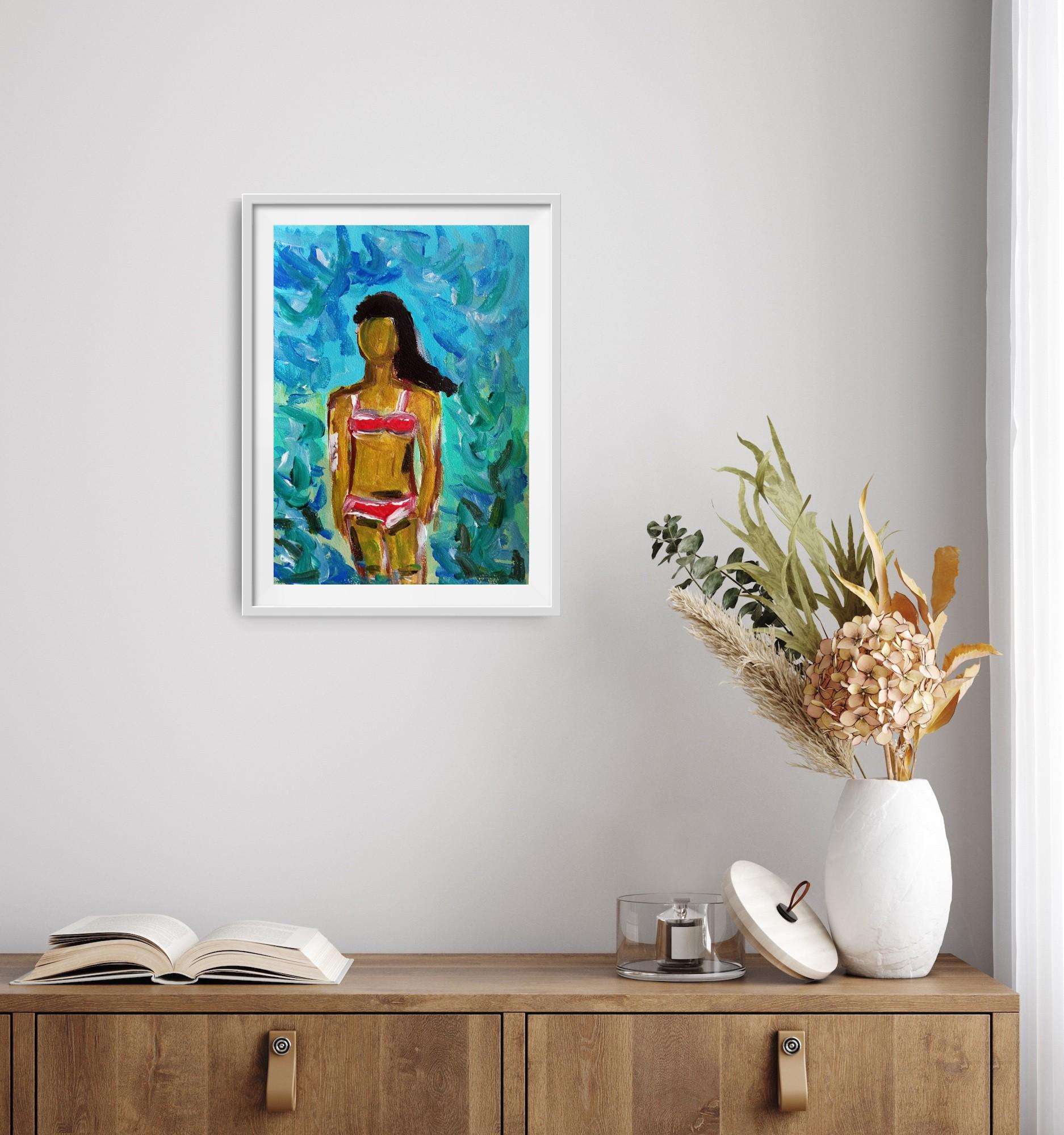 Contemporary expressive bunte figurative Acrylmalerei der Frau auf Papier (Blau), Portrait Painting, von Natalya Mougenot 